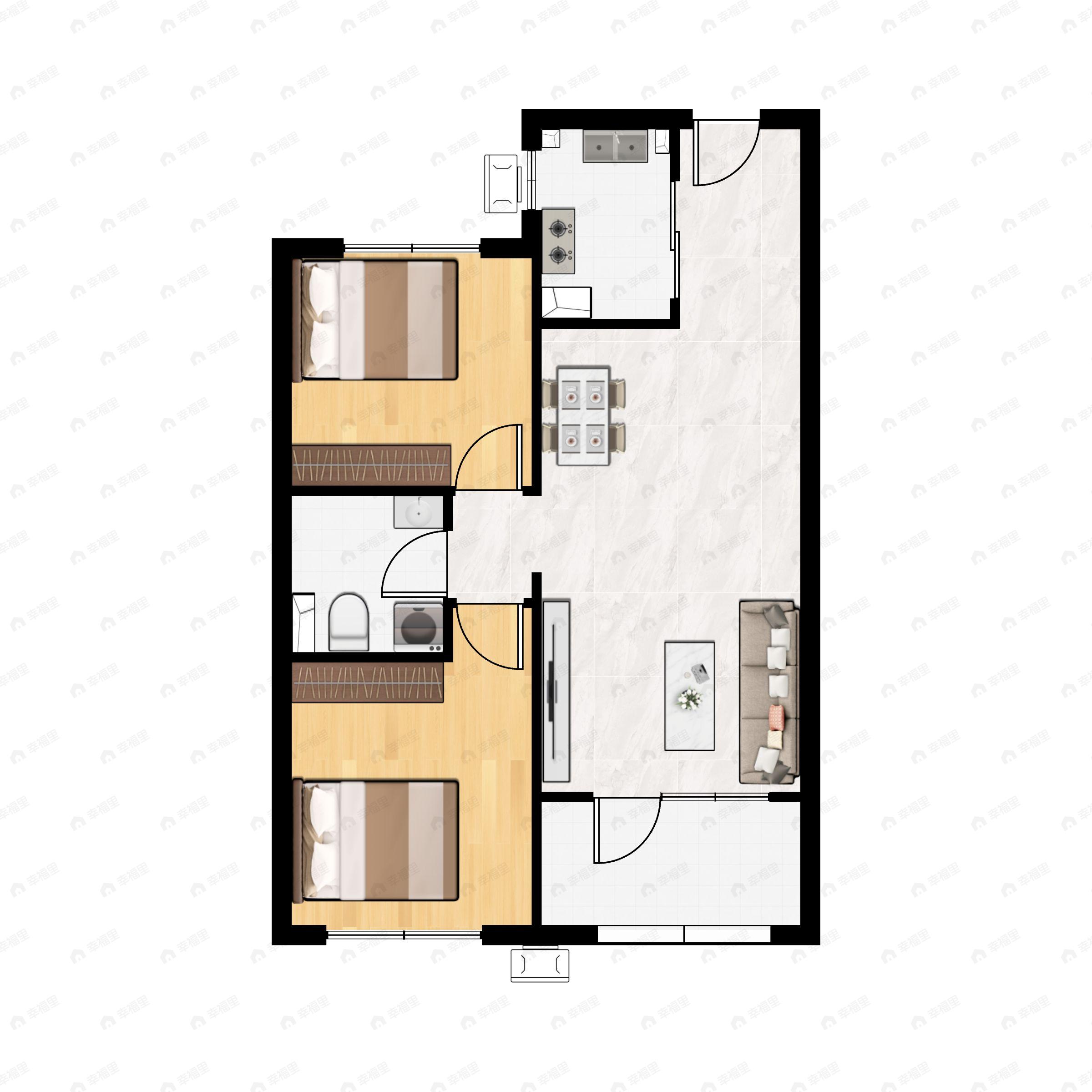 2室2厅1卫建面82平北|南户型图