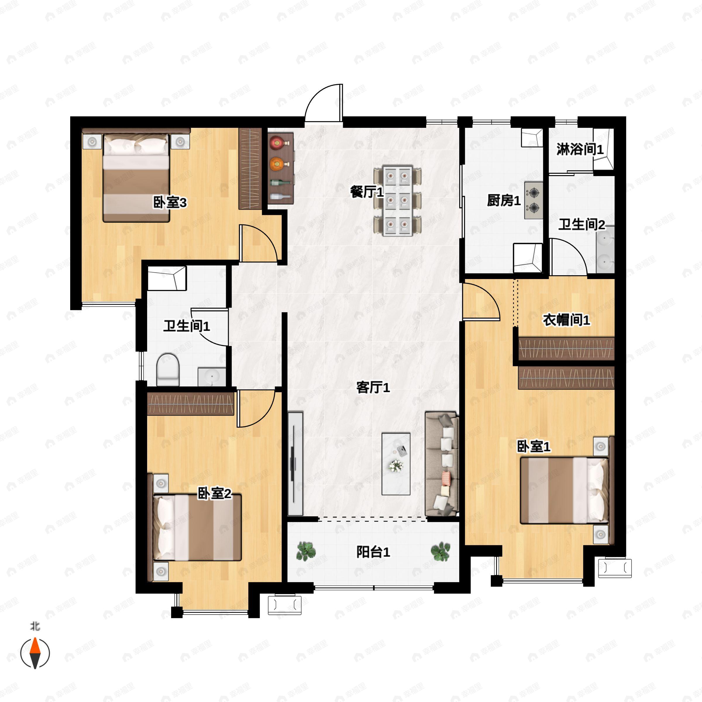 3室2厅2卫建面135平北|南户型图