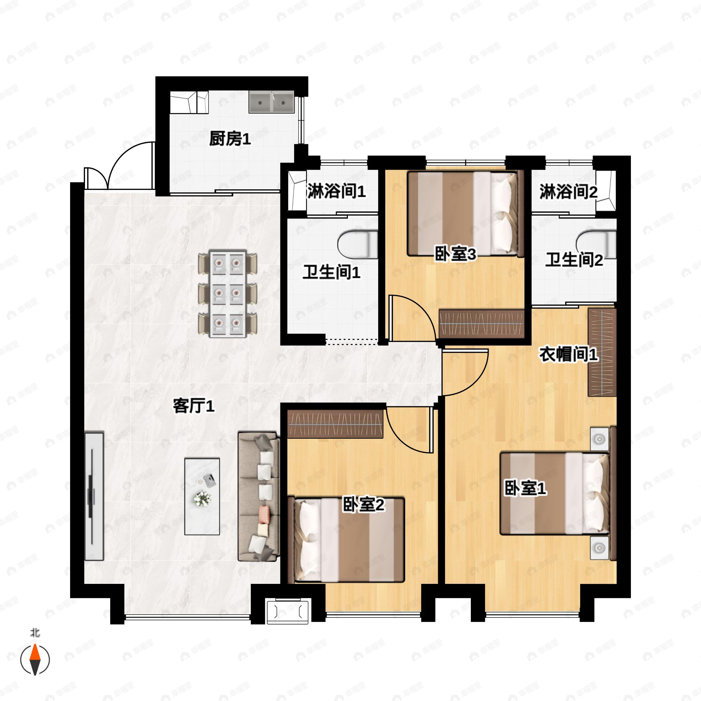 3室2厅2卫建面111平户型图