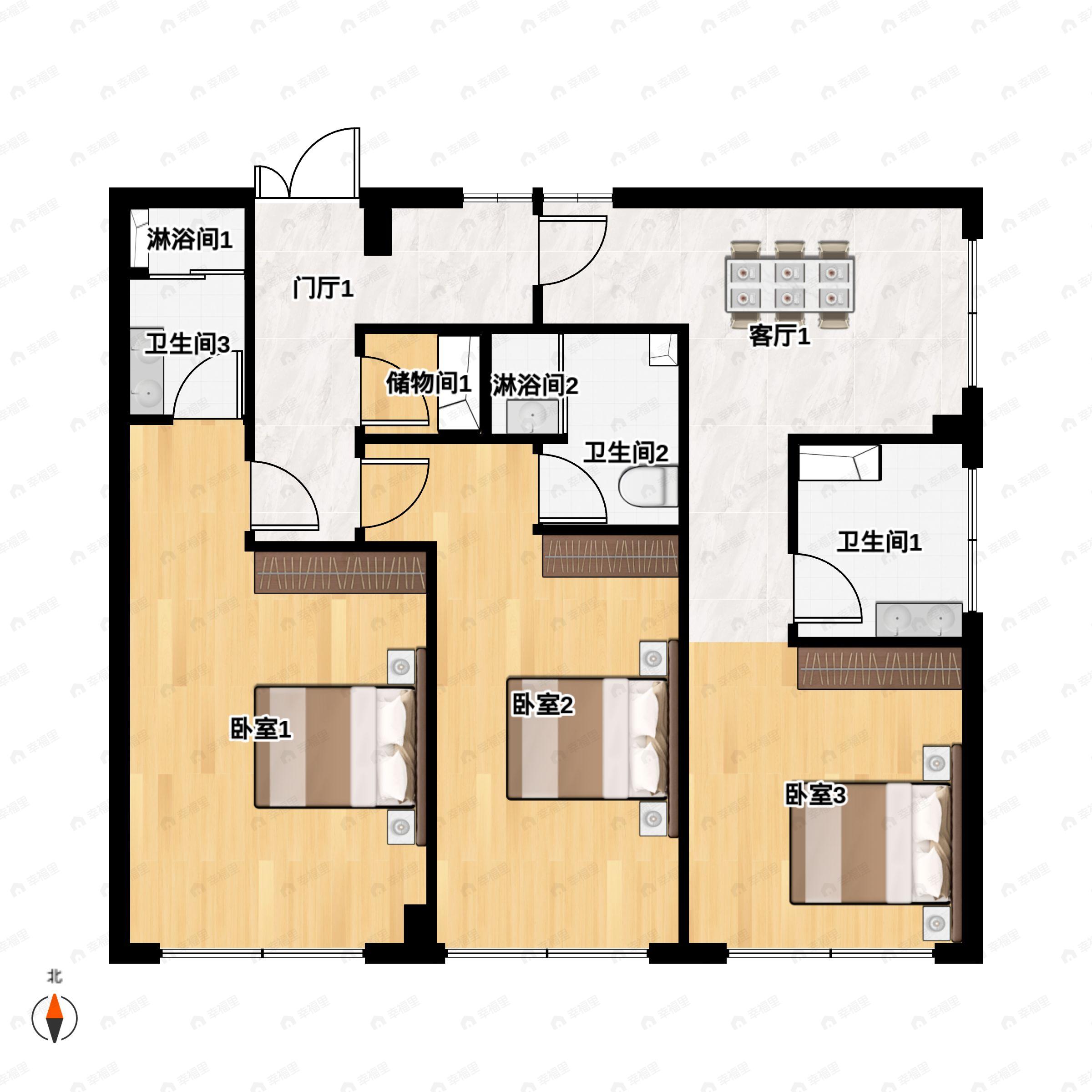 3室1厅3卫建面126平户型图