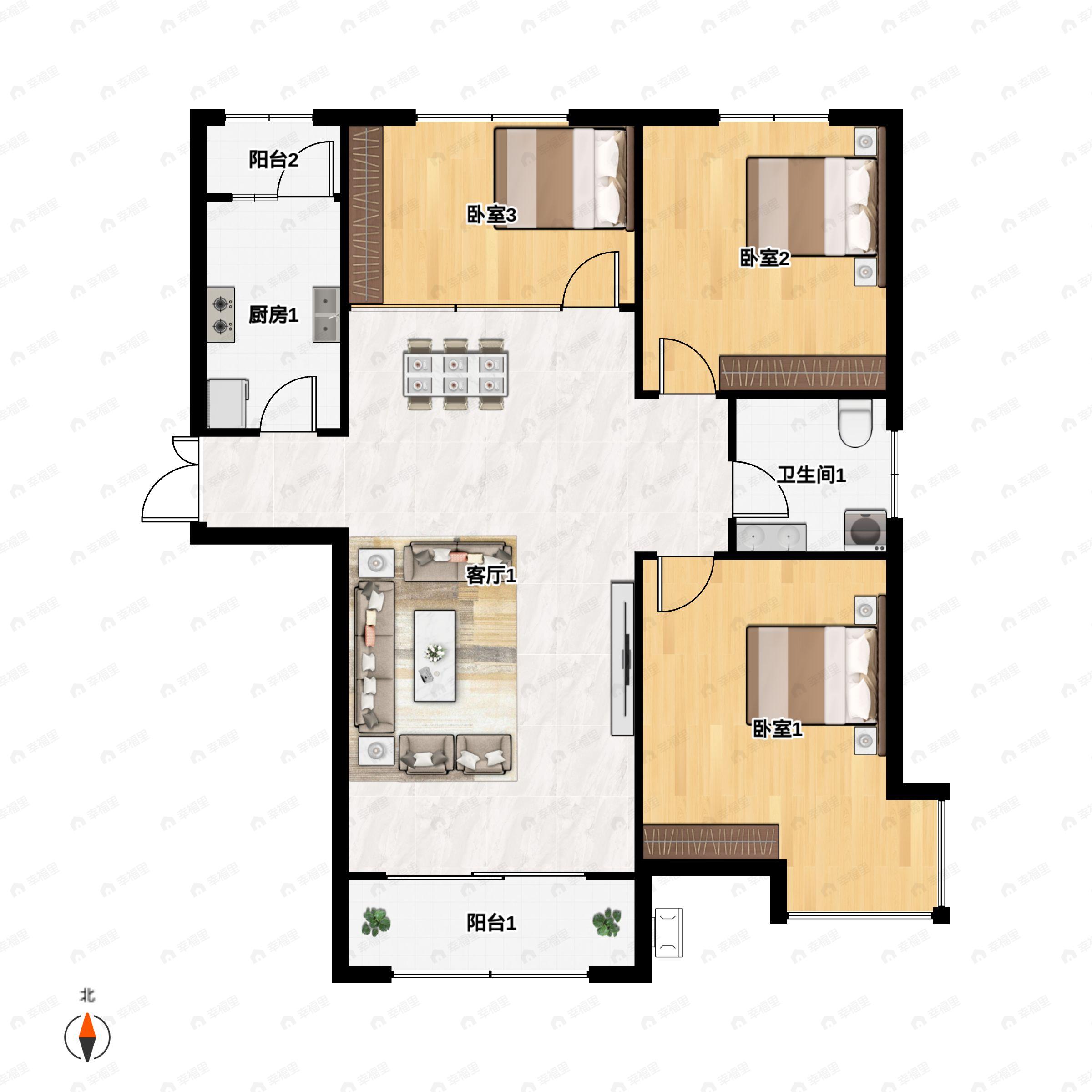 3室2厅1卫建面124平南|北户型图