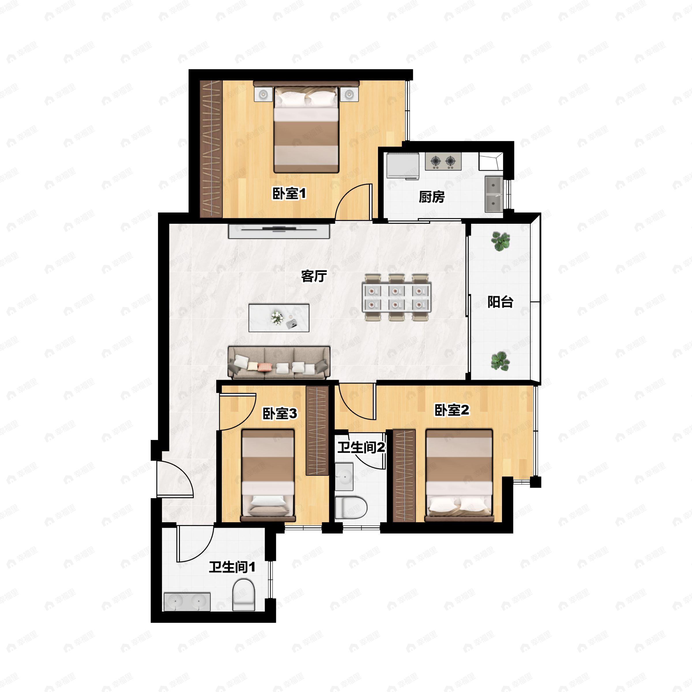 3室2厅2卫建面102平户型图