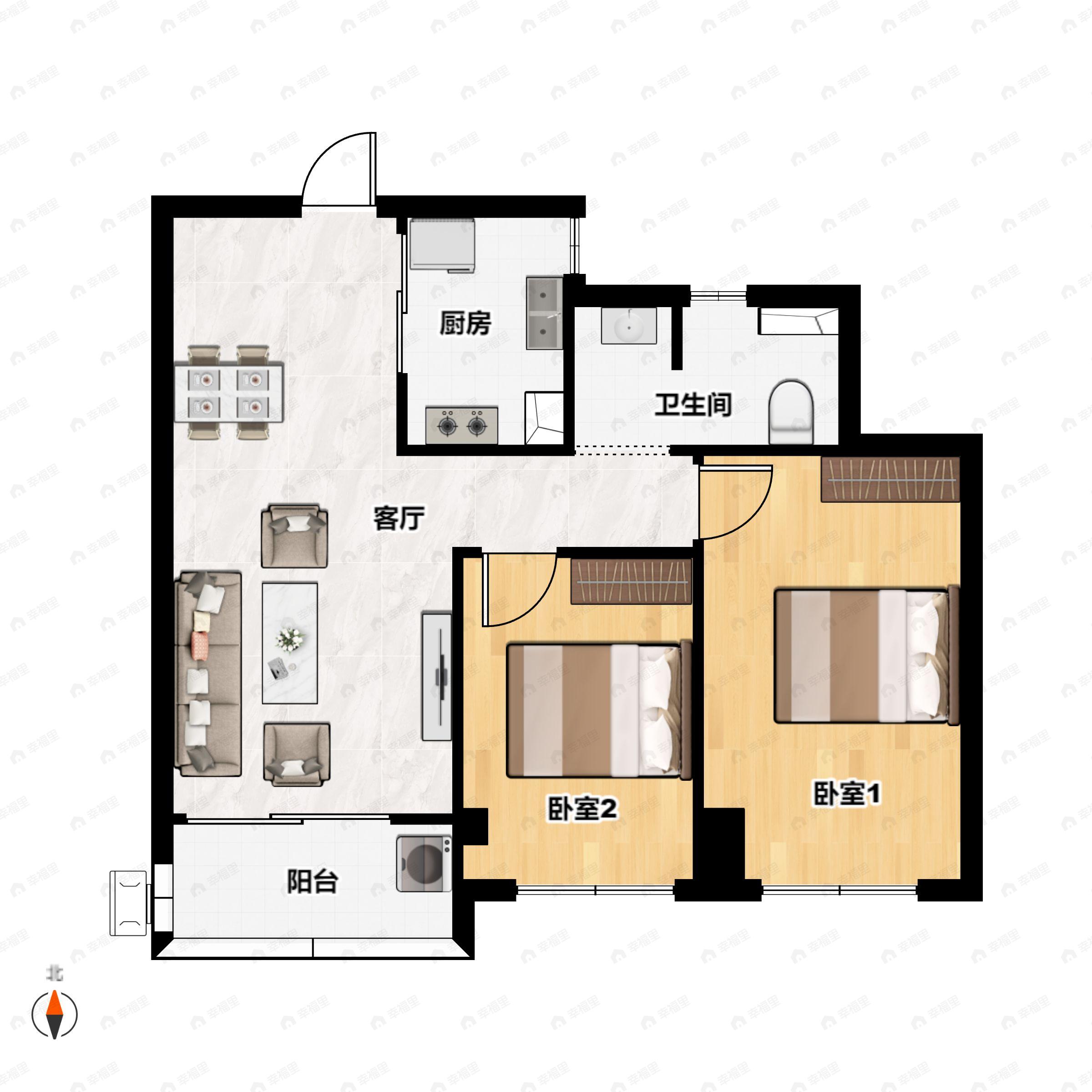 2室2厅1卫建面78m²南|北户型图