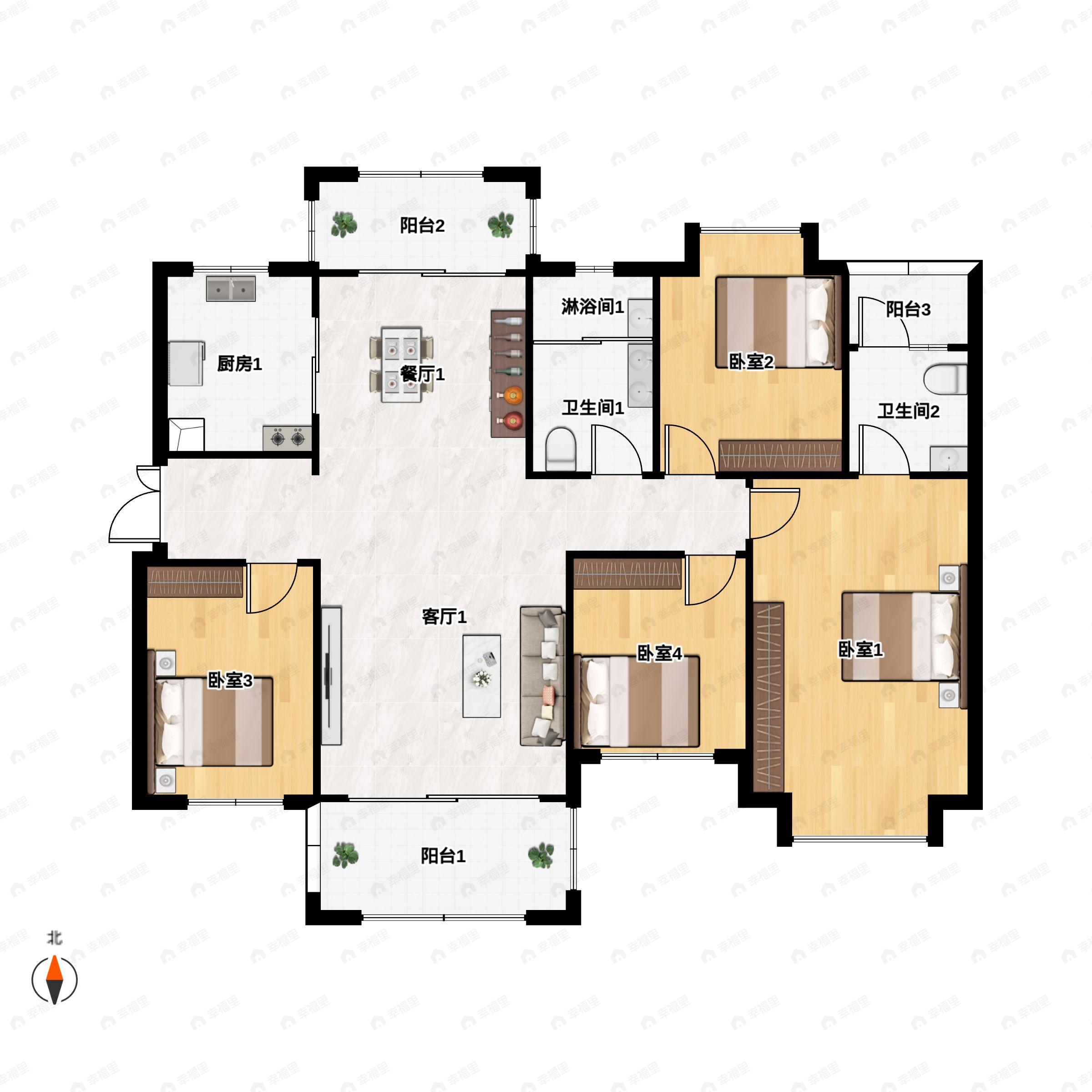 4室2厅2卫建面142平南户型图