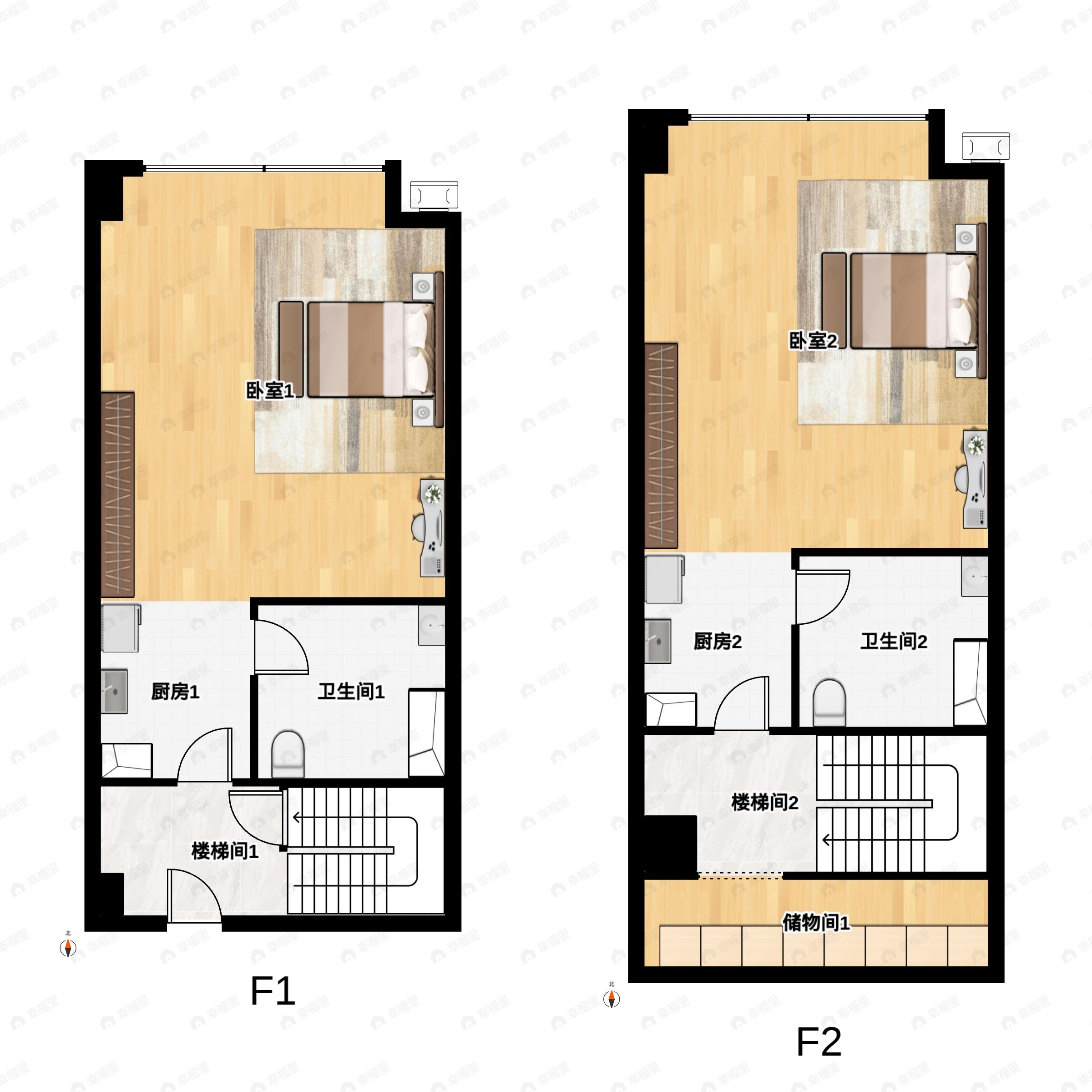 2室2厅2卫建面51m²南户型图