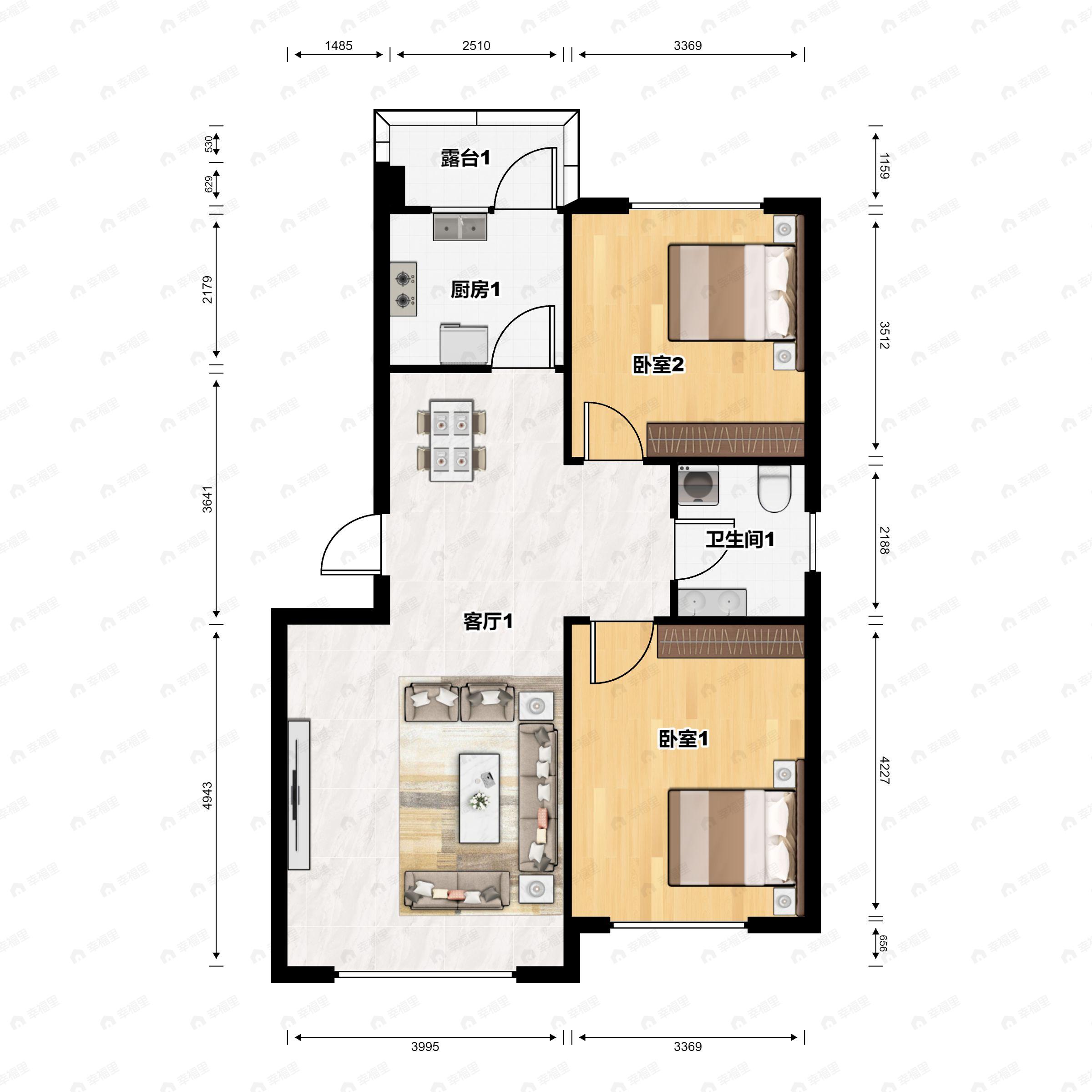 2室2厅1卫建面73m²南户型图