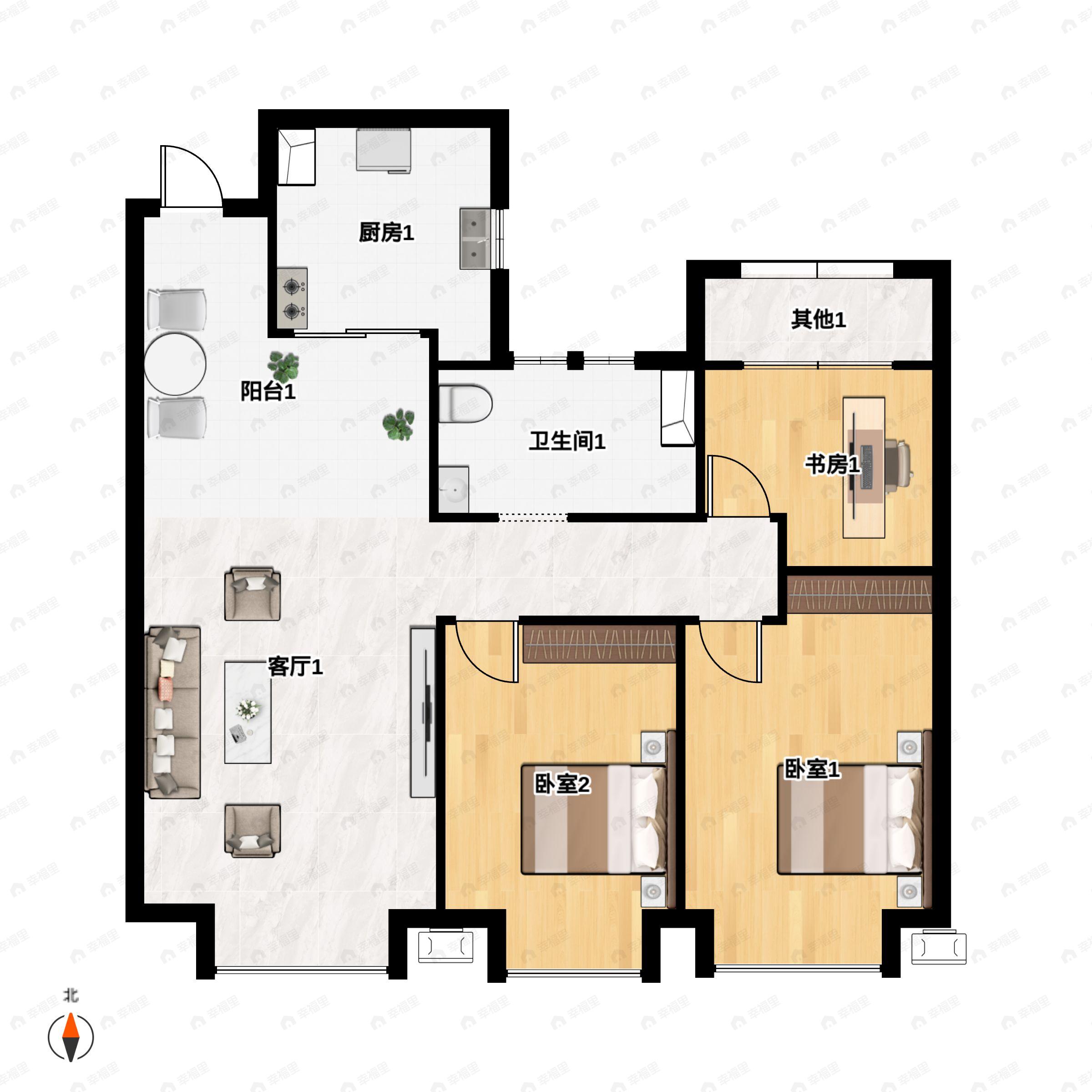 3室2厅1卫建面95平南|北户型图