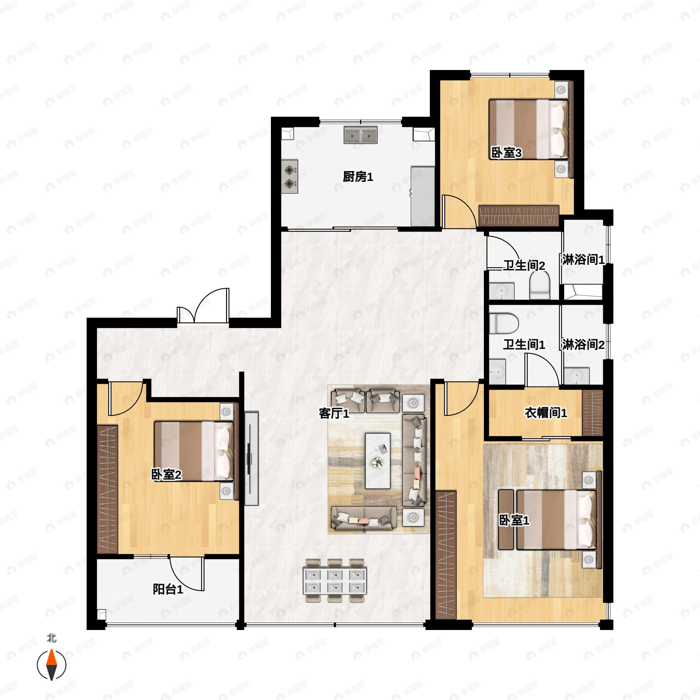 3室2厅2卫建面131平户型图