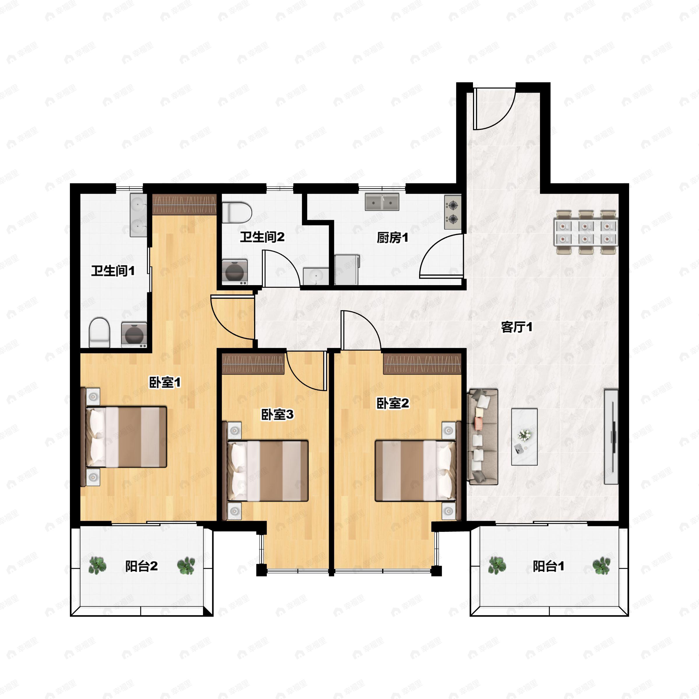3室2厅2卫建面116m²南户型图