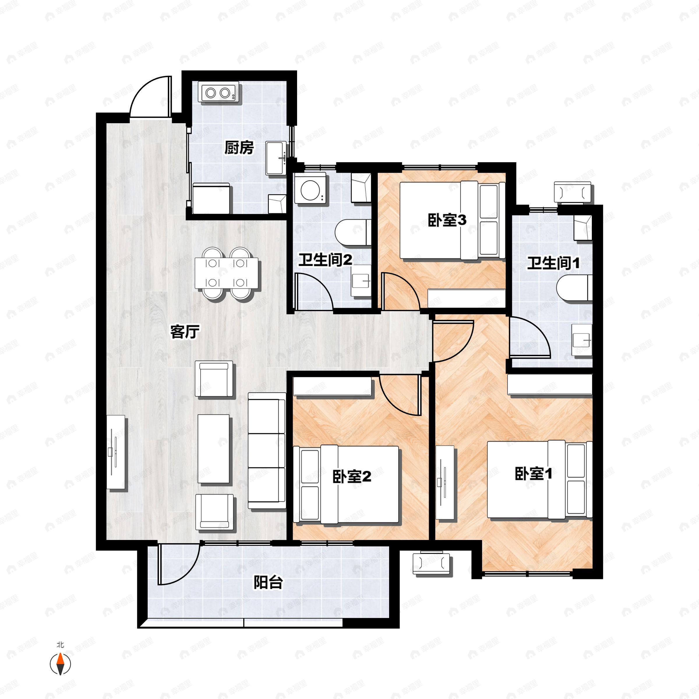 3室2厅2卫建面105m²南|北户型图