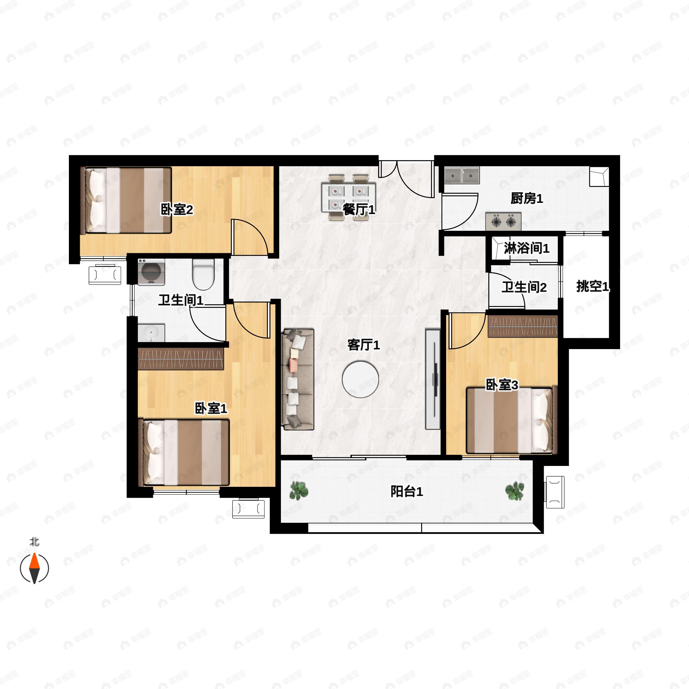 3室2厅2卫建面129平南户型图