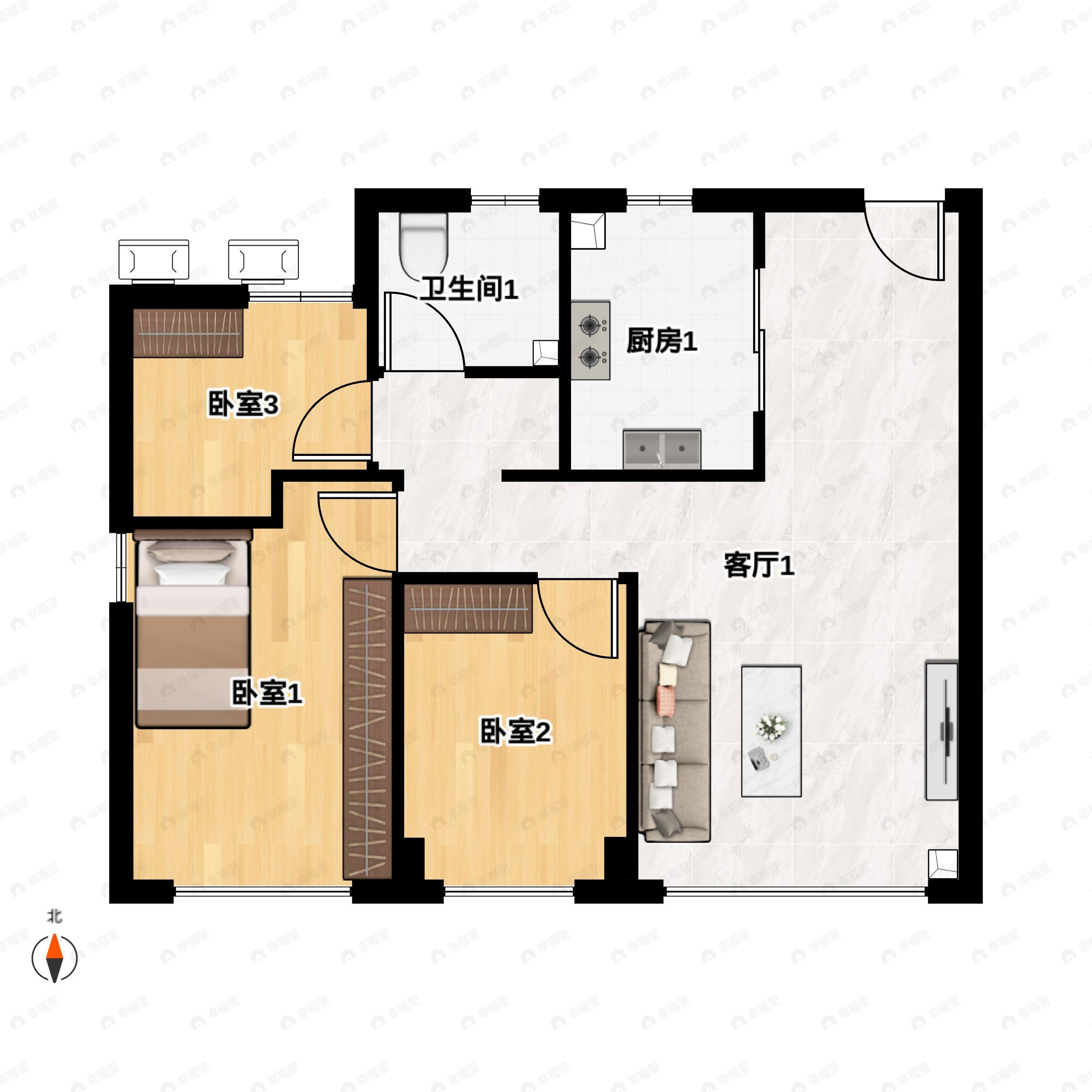 3室2厅1卫建面89平南户型图
