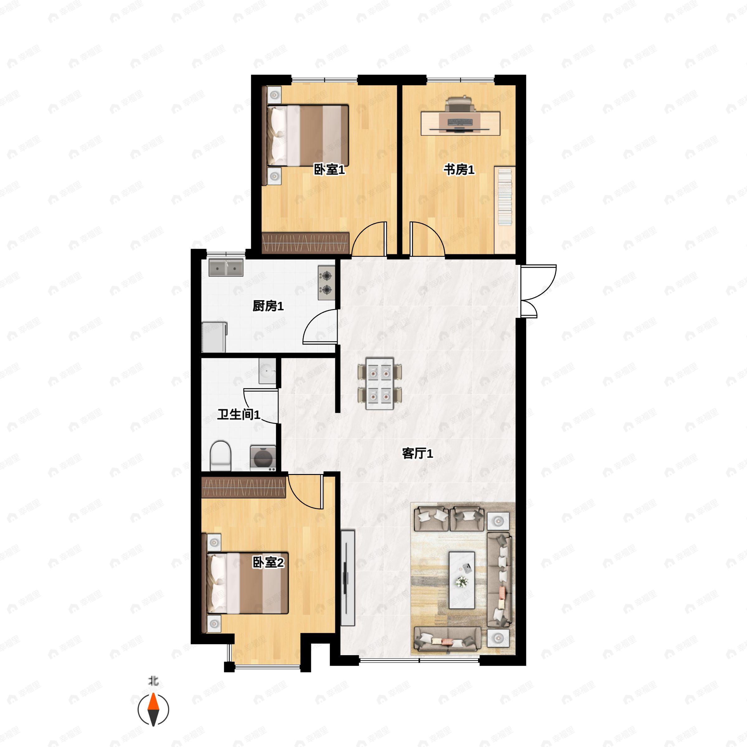 3室2厅1卫建面105平南|北户型图