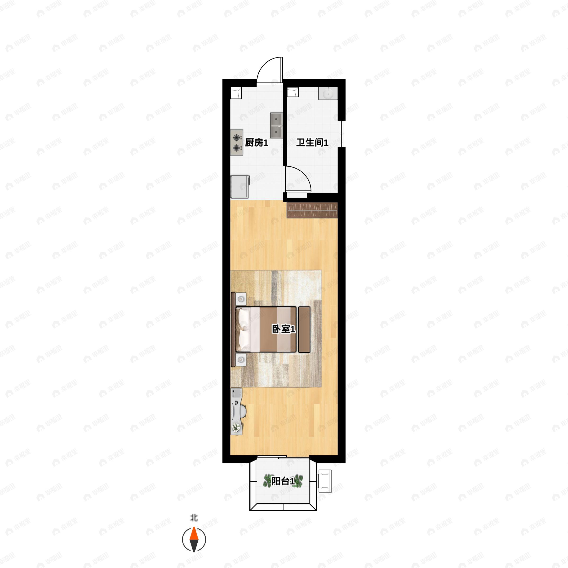 1室1厅1卫建面53m²南户型图
