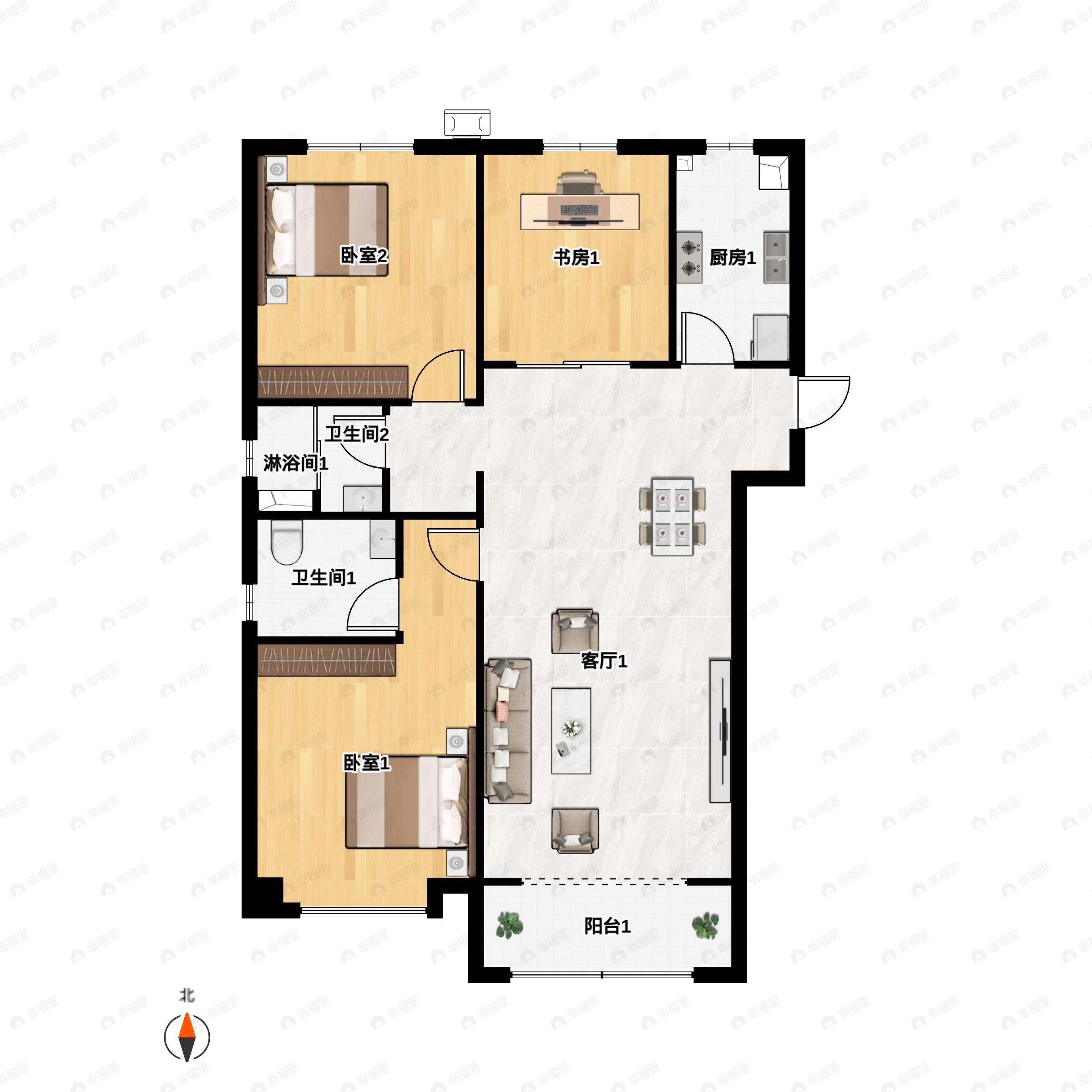 3室2厅2卫建面128m²南户型图