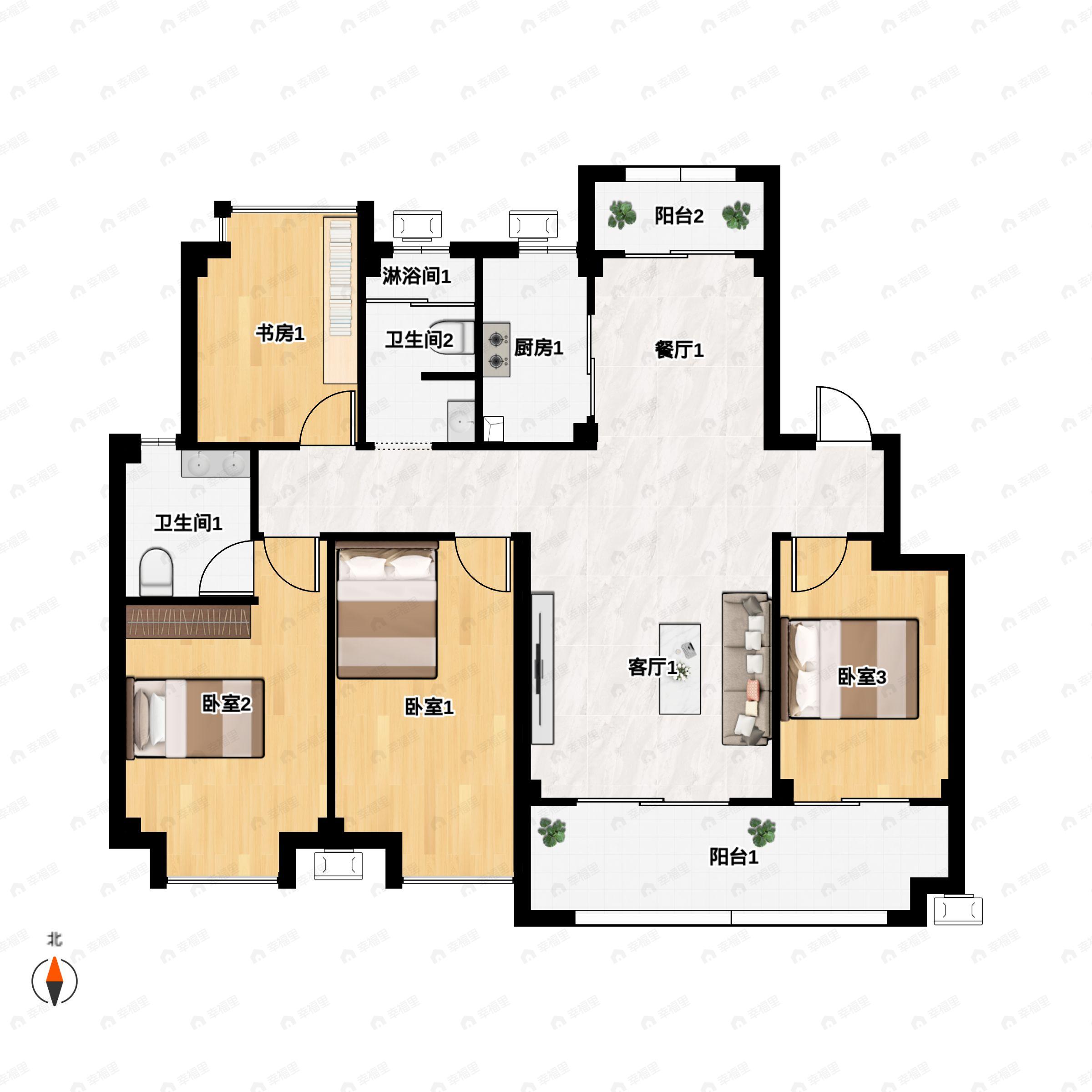 4室2厅2卫建面129平南户型图
