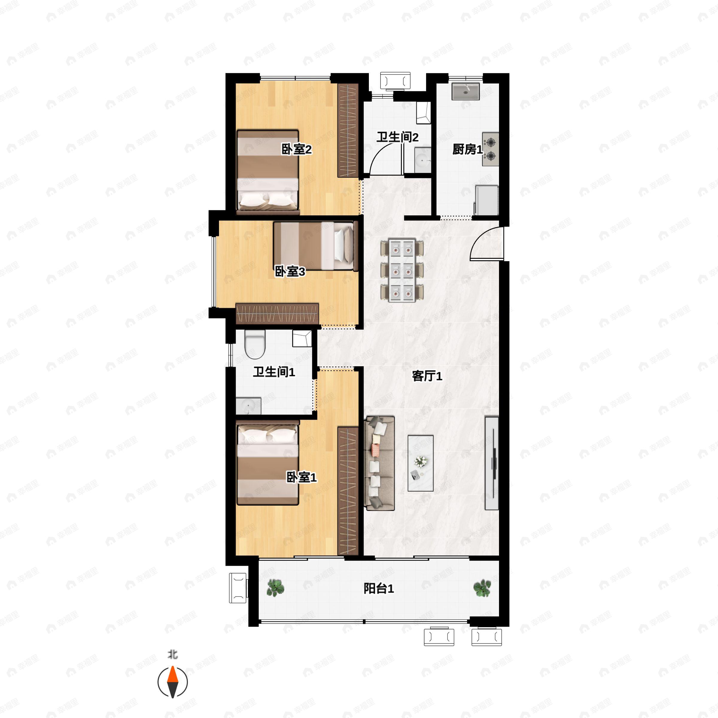 3室2厅2卫建面115m²南户型图