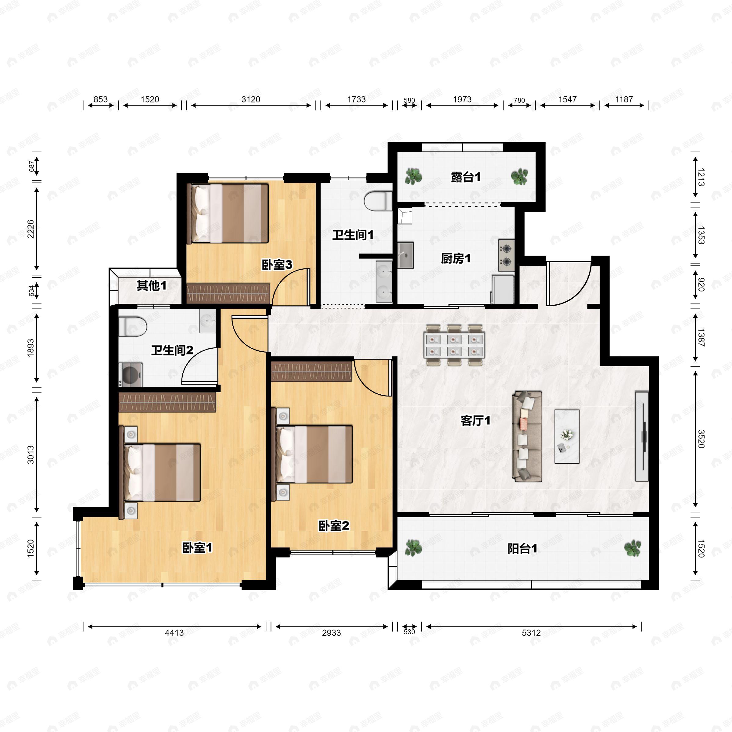 3室2厅2卫建面111平南|北户型图