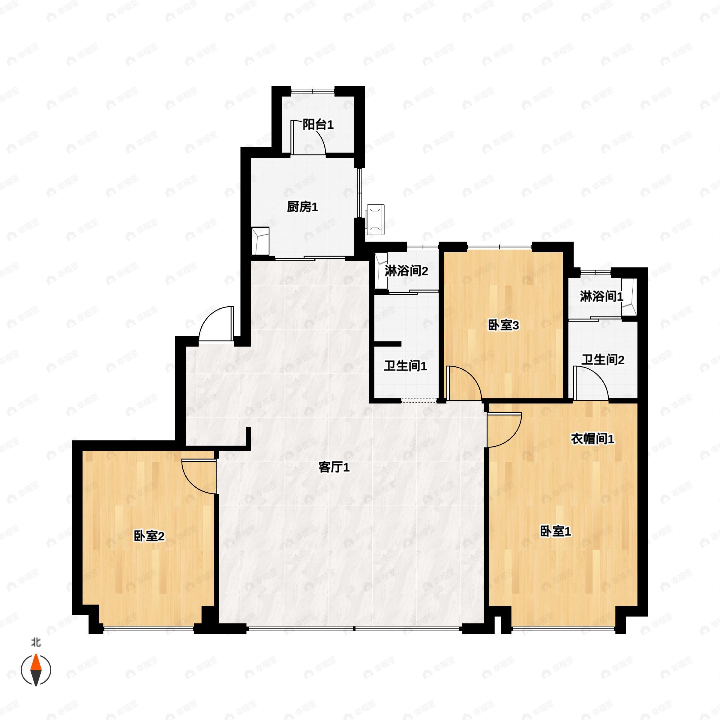 3室2厅2卫建面143m²南|北户型图