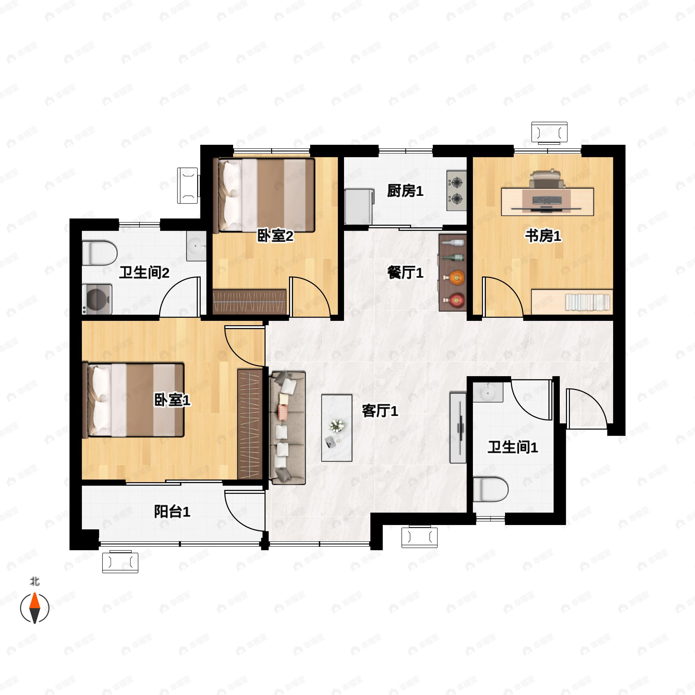 3室2厅1卫建面111m²北|南户型图