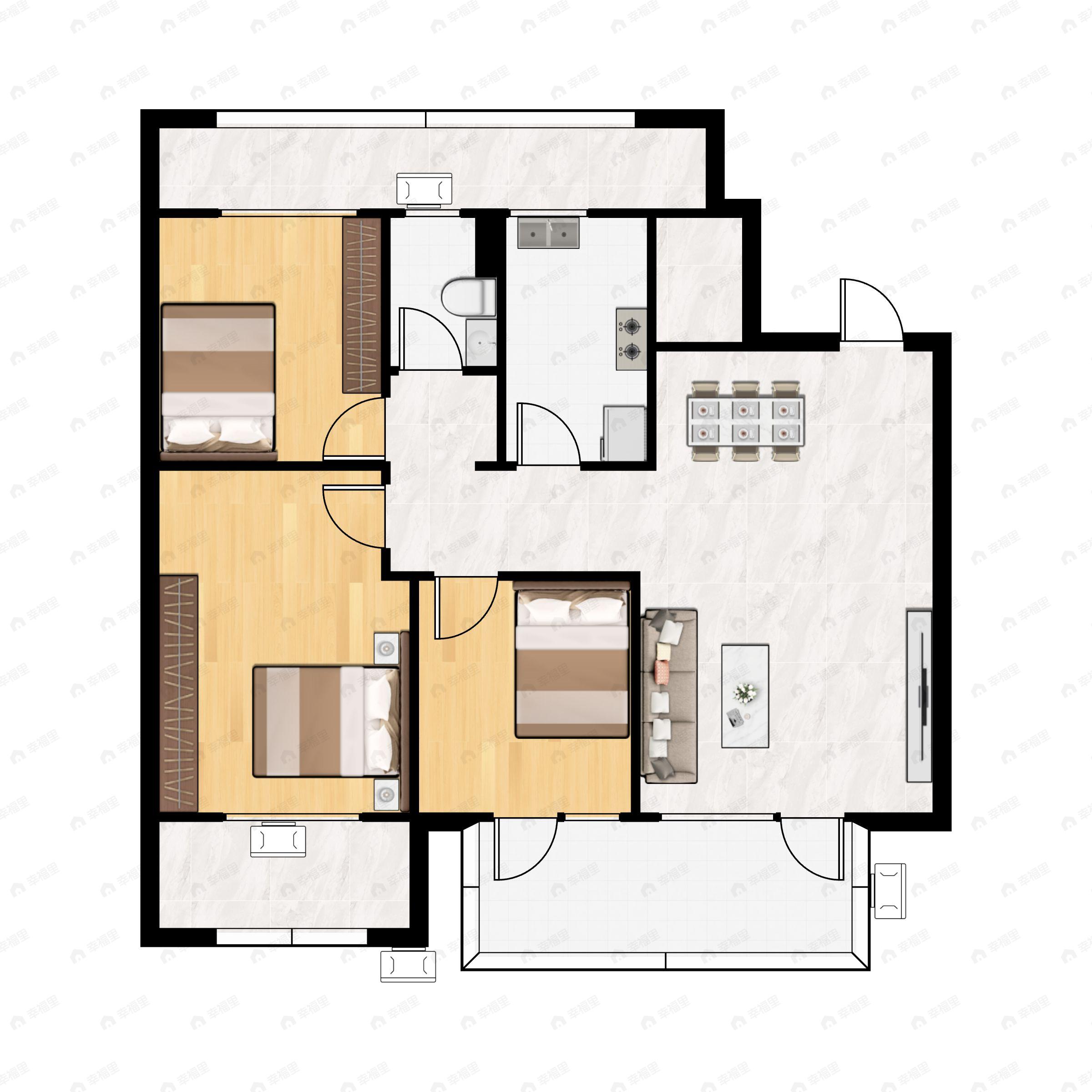3室2厅1卫建面90平南户型图