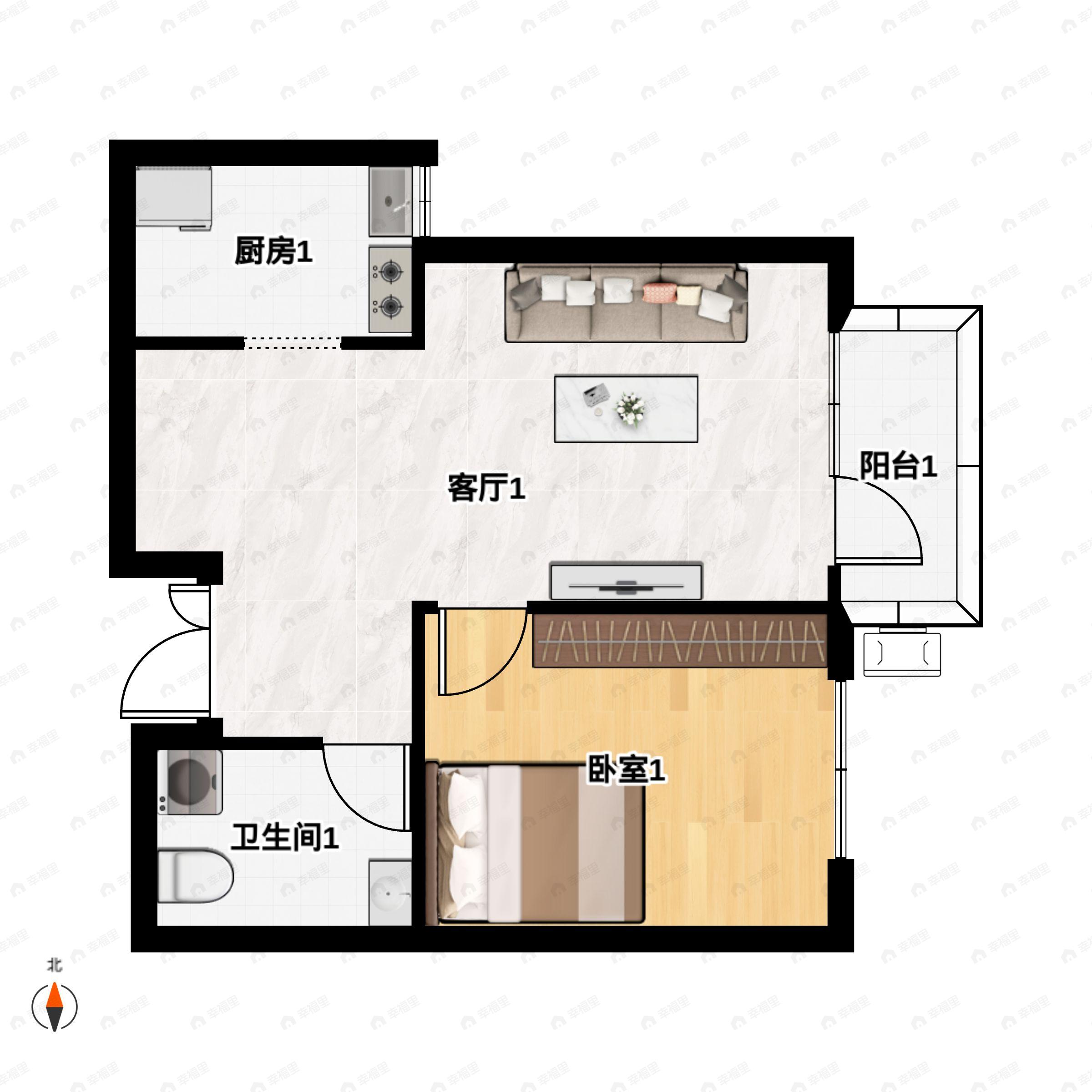 1室2厅1卫建面61m²东南户型图