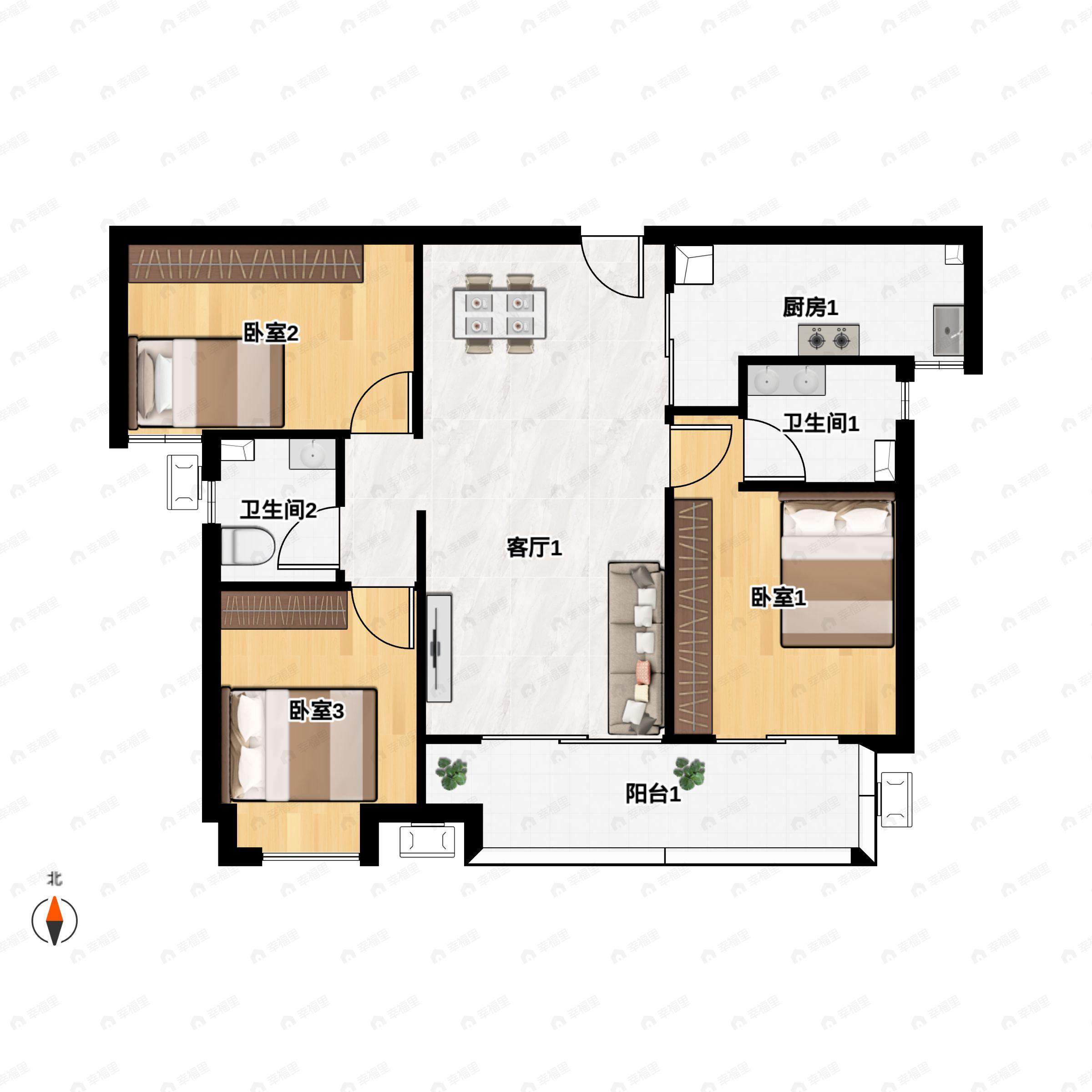 3室2厅2卫建面108m²南户型图