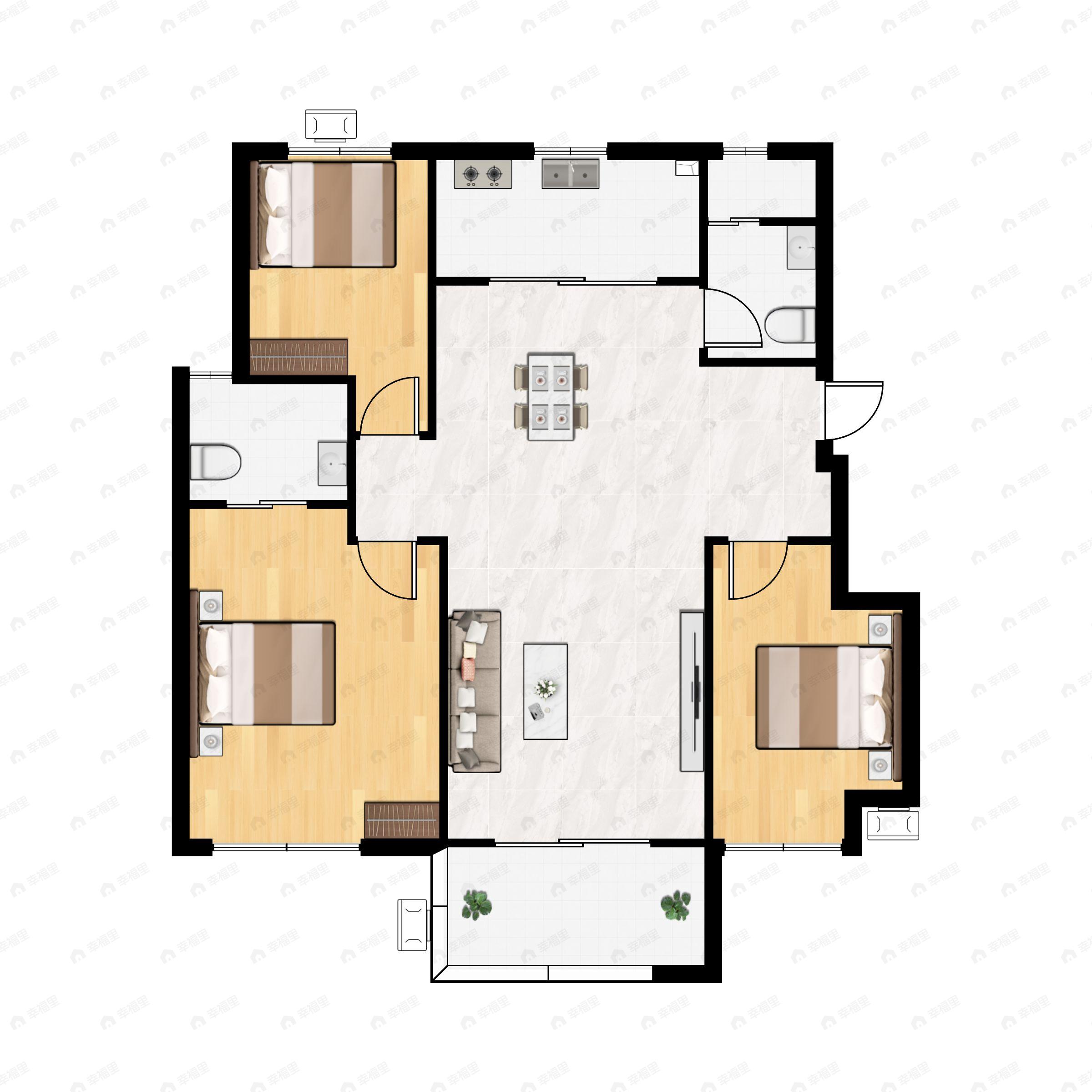 3室2厅2卫建面119m²南户型图