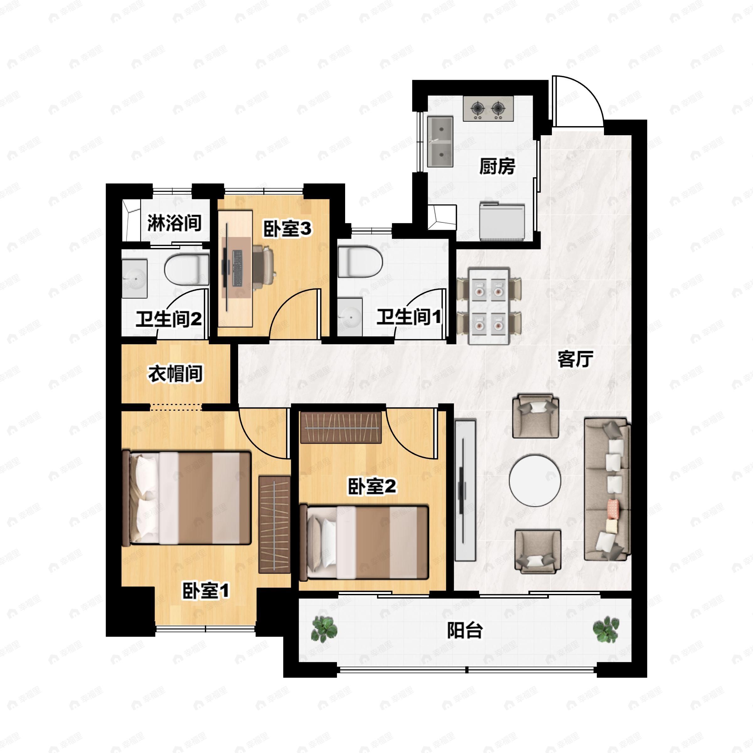 3室2厅2卫建面104m²北|南户型图