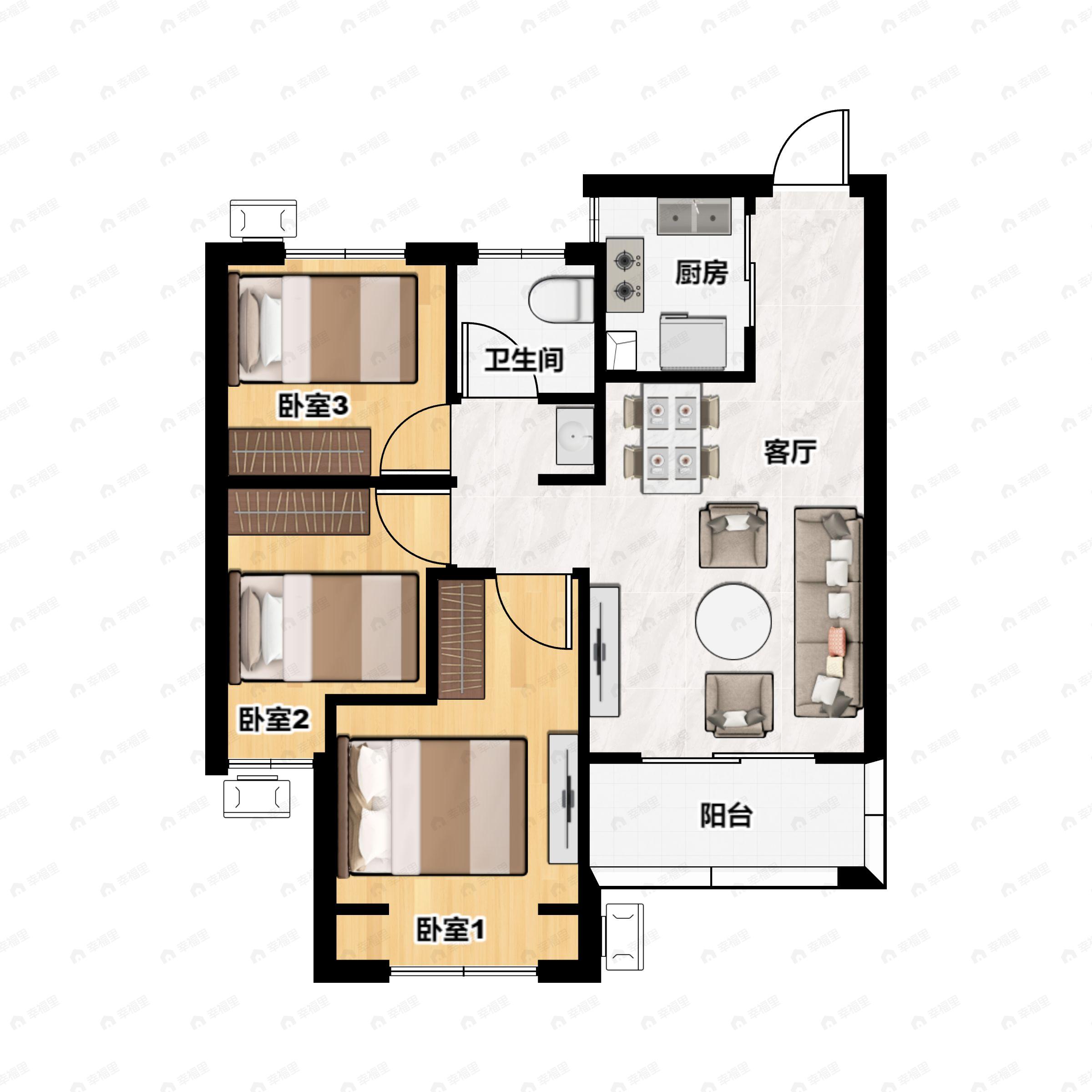 3室2厅1卫建面87平南|北户型图