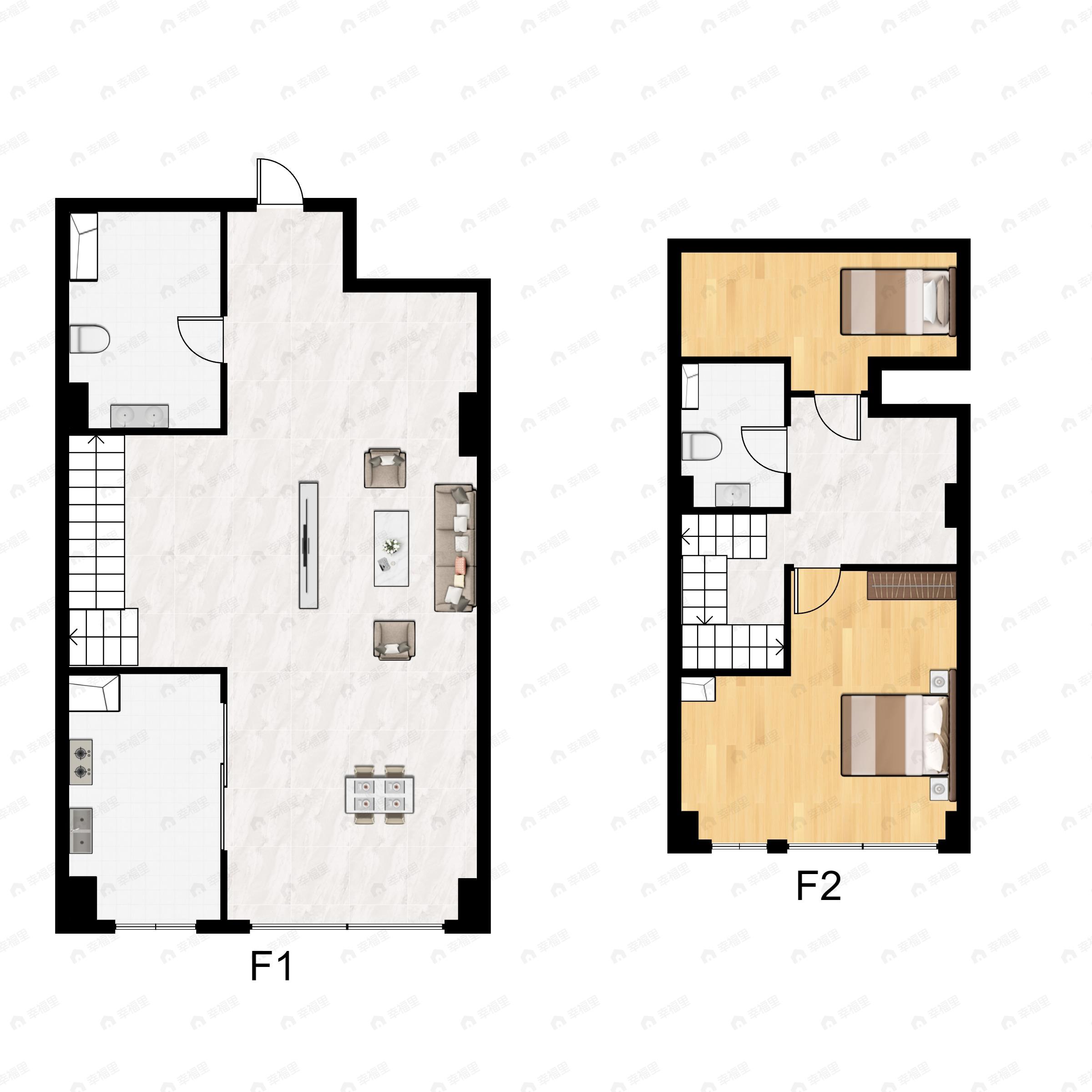 2室2厅2卫建面50平南户型图