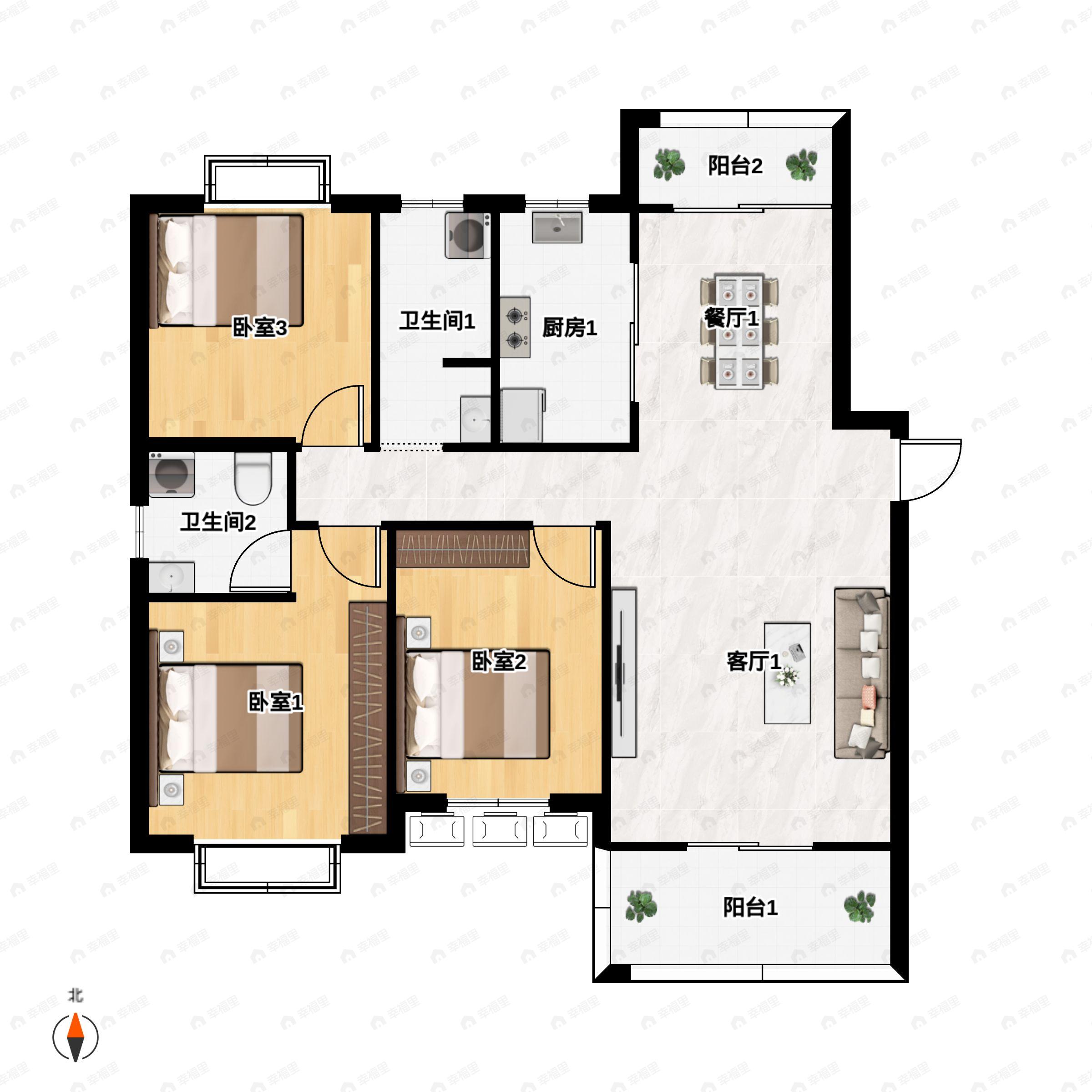 3室2厅2卫建面128m²南户型图