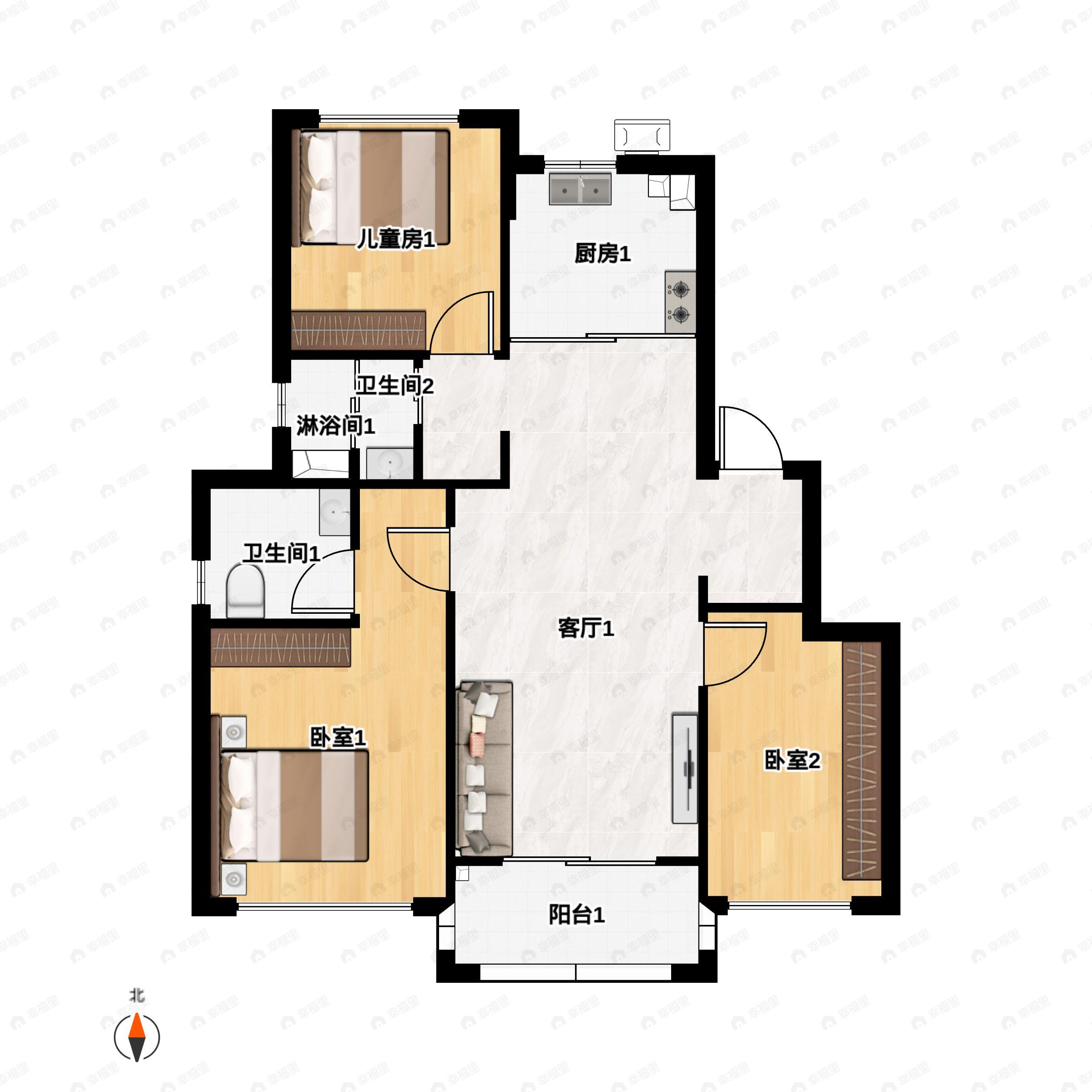 3室2厅2卫建面90m²南户型图