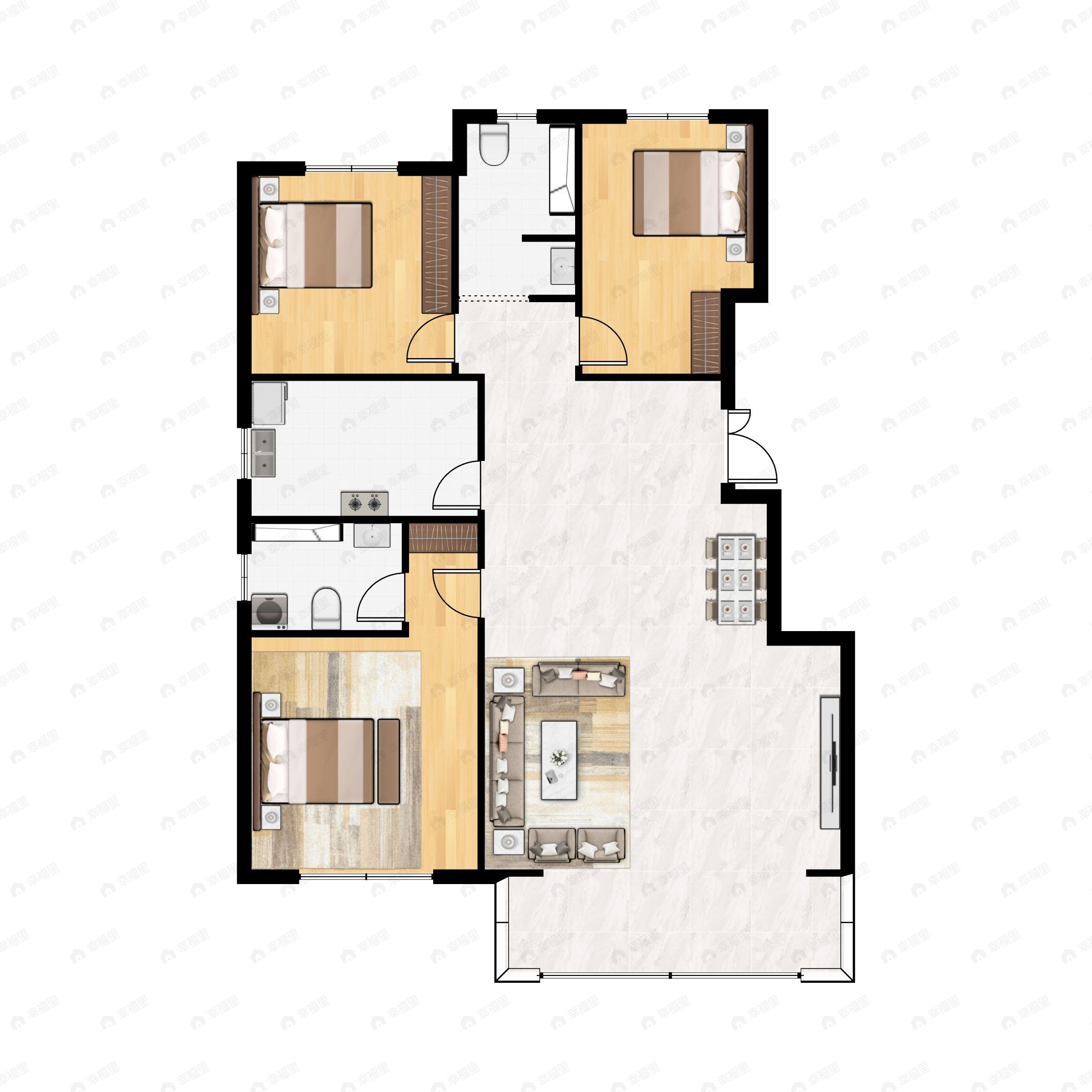 3室2厅2卫建面130m²南|北户型图