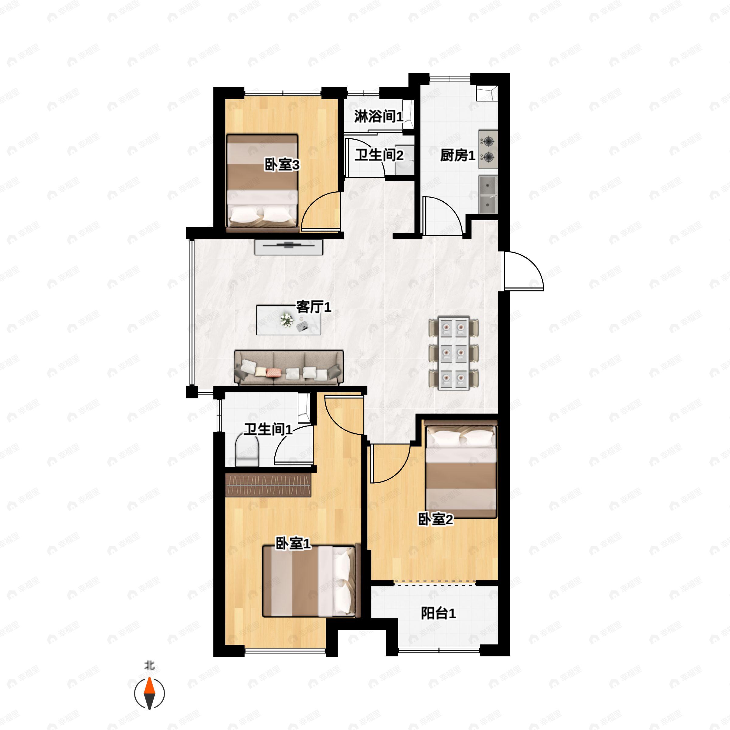 3室2厅2卫建面89平南户型图