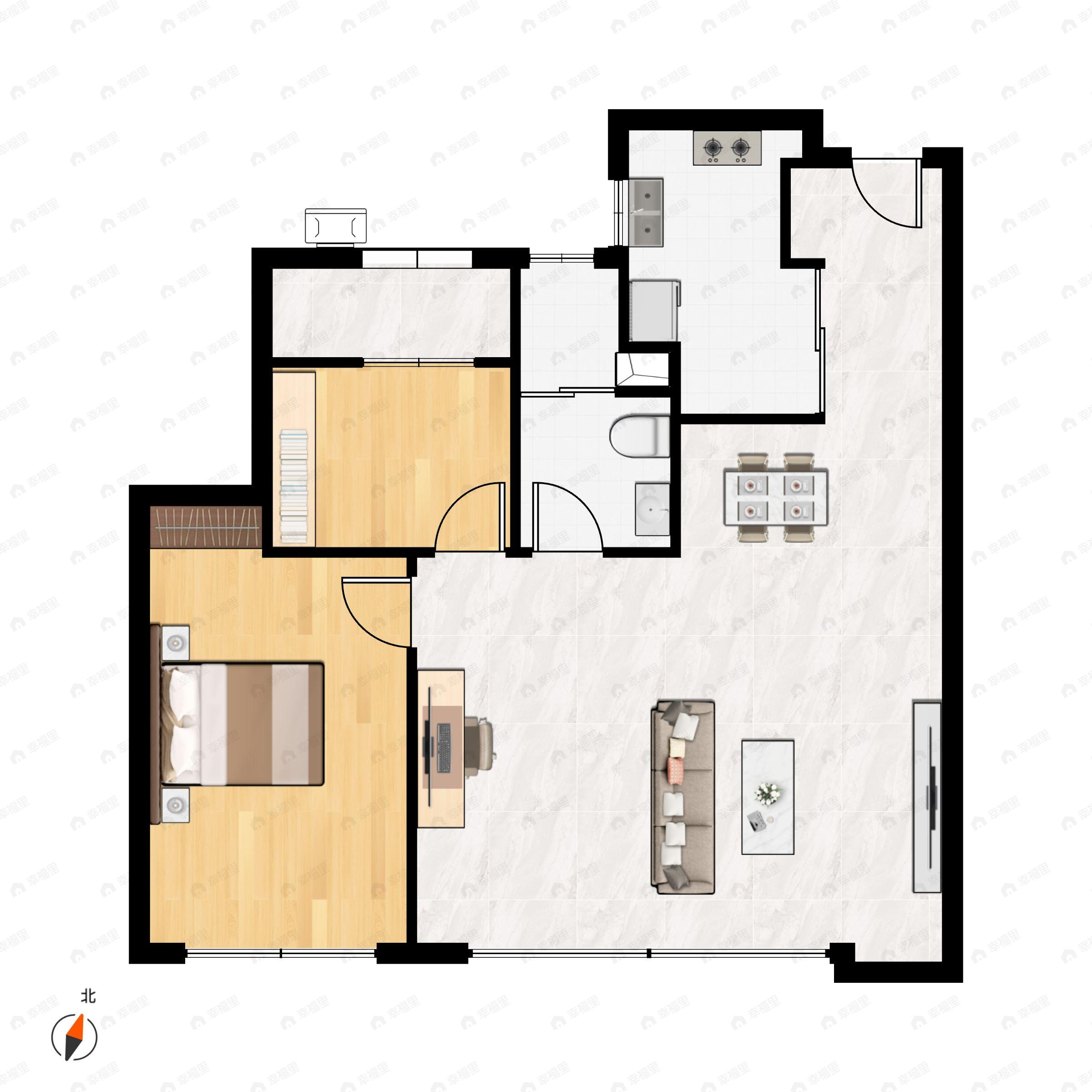 2室2厅1卫建面82m²南户型图