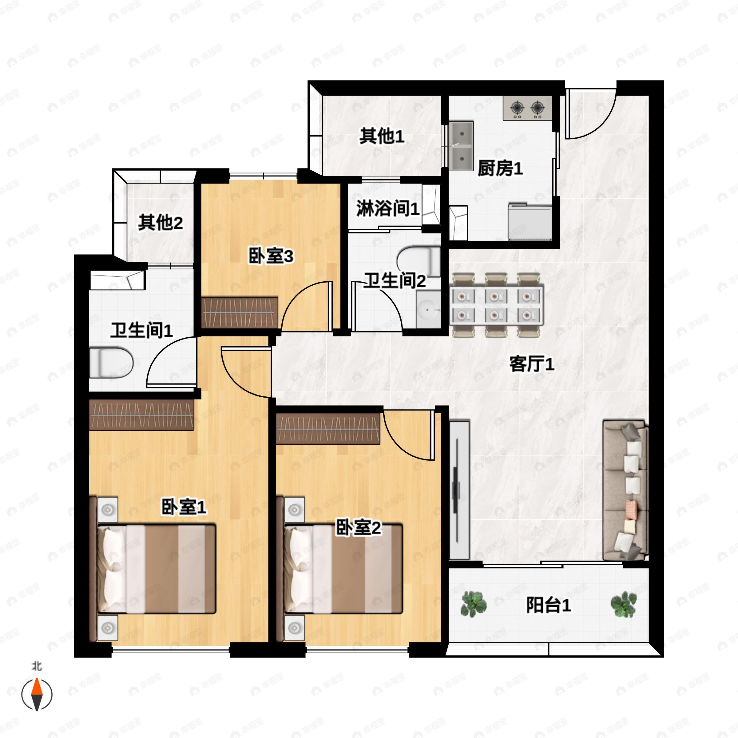 3室2厅2卫建面96平户型图