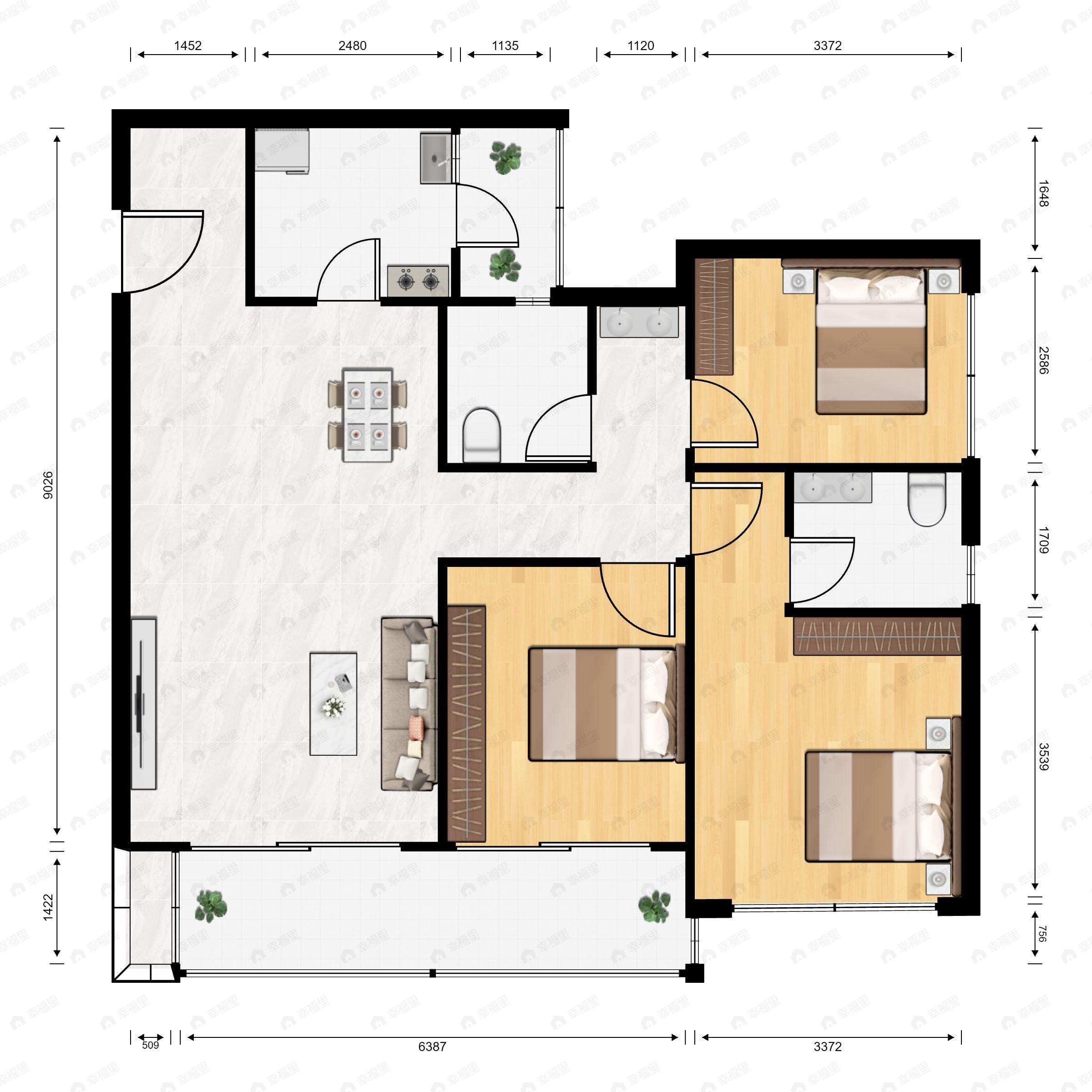 3室2厅2卫建面106m²东北户型图
