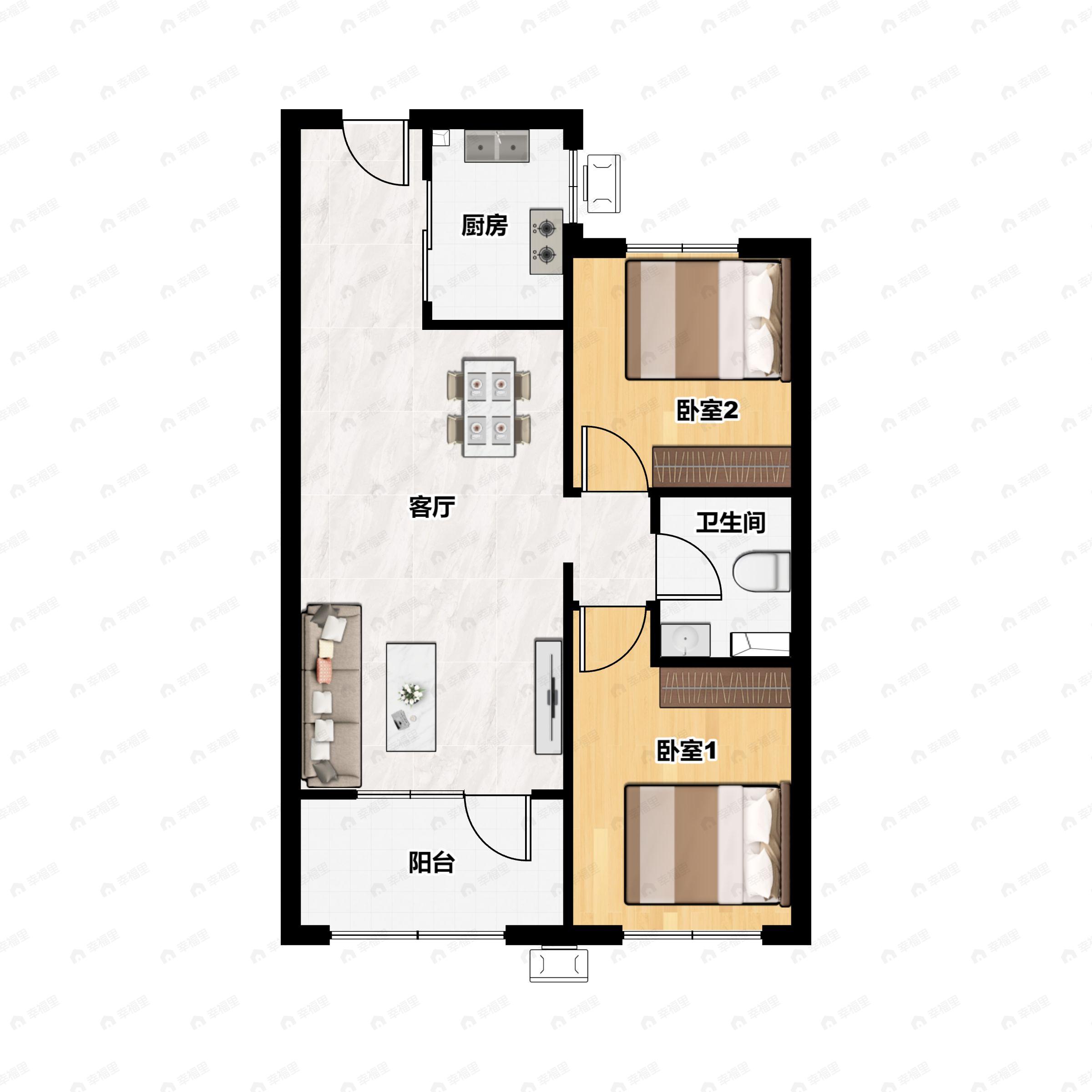 2室2厅1卫建面81平南|北户型图