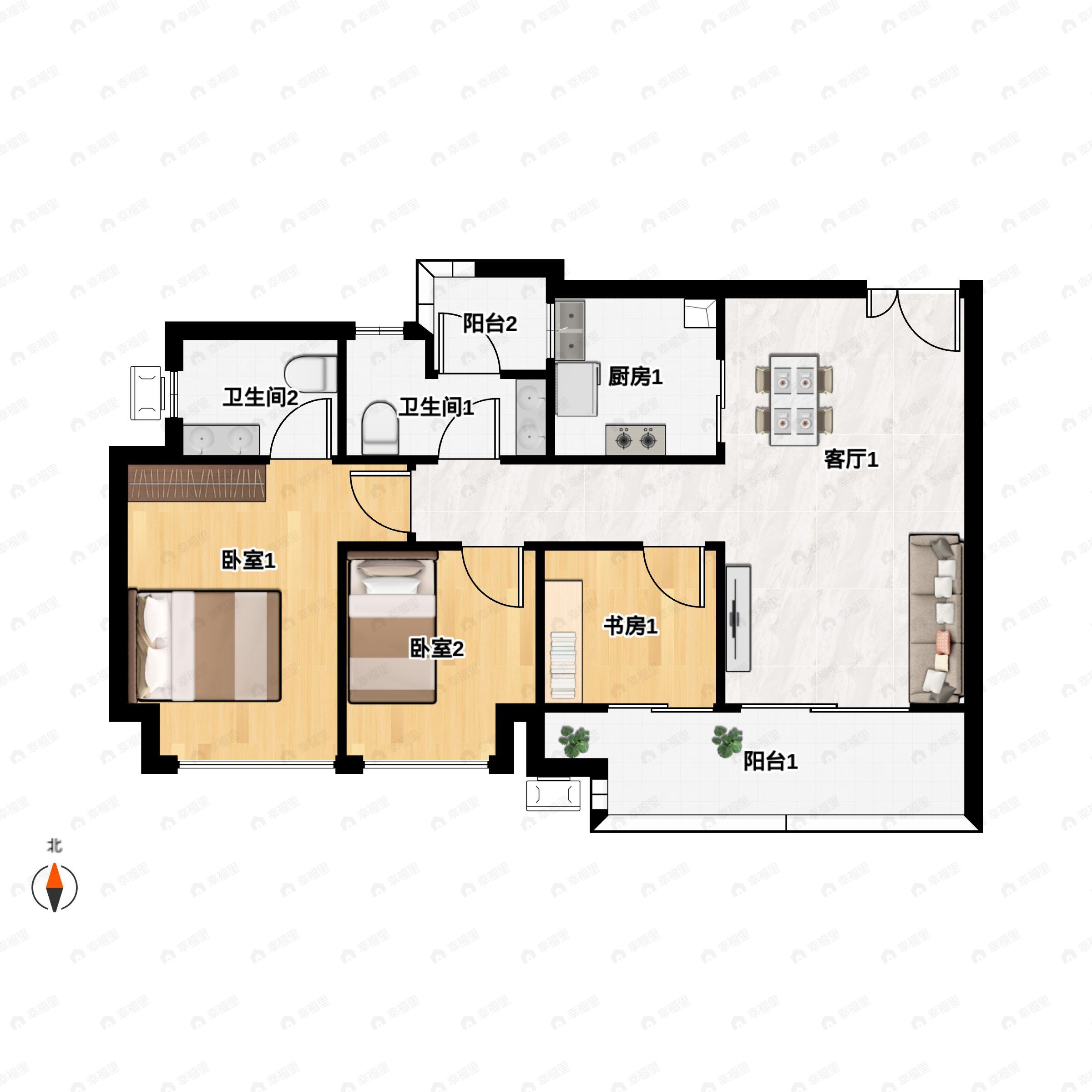 3室2厅2卫建面74平南户型图