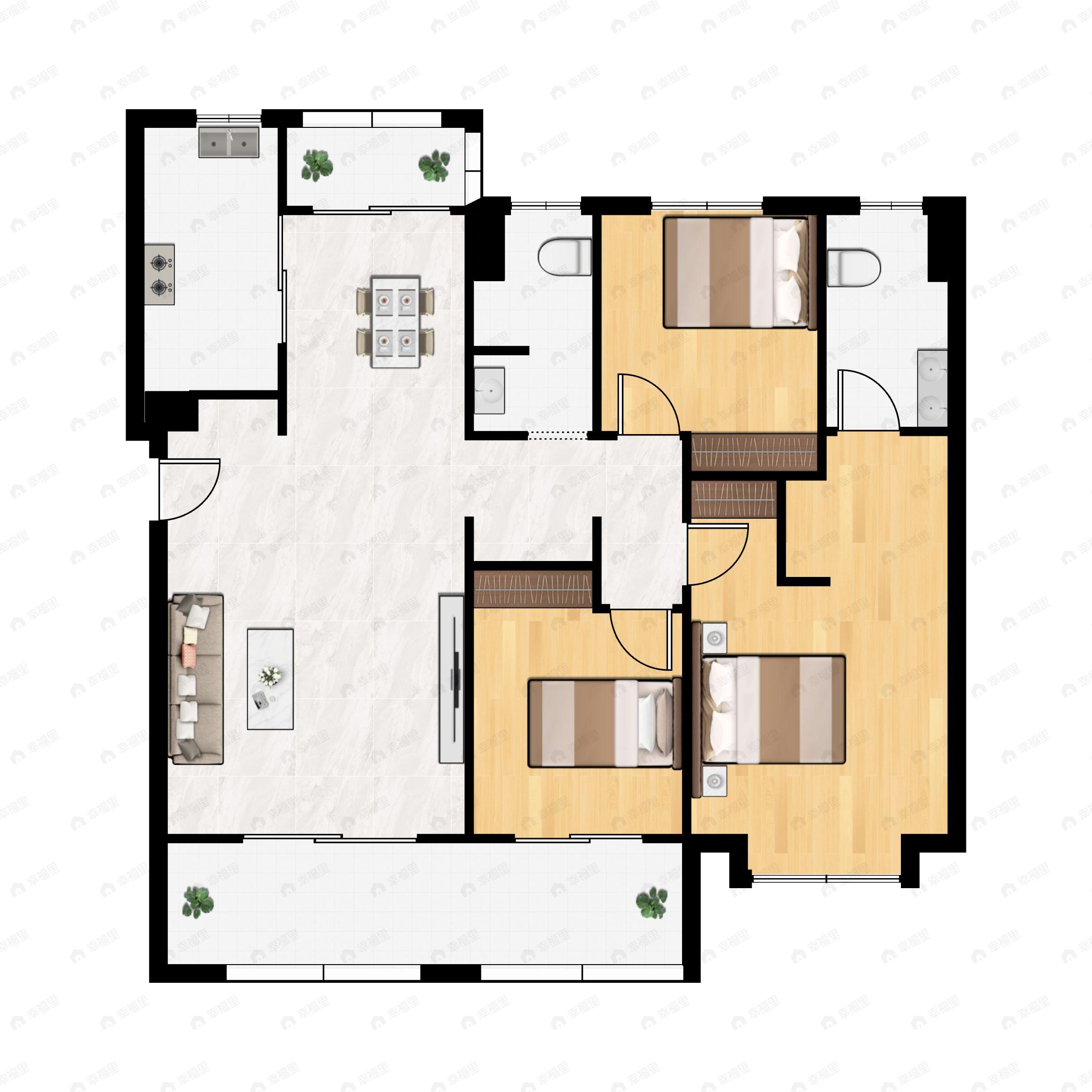 3室2厅2卫建面131m²南户型图