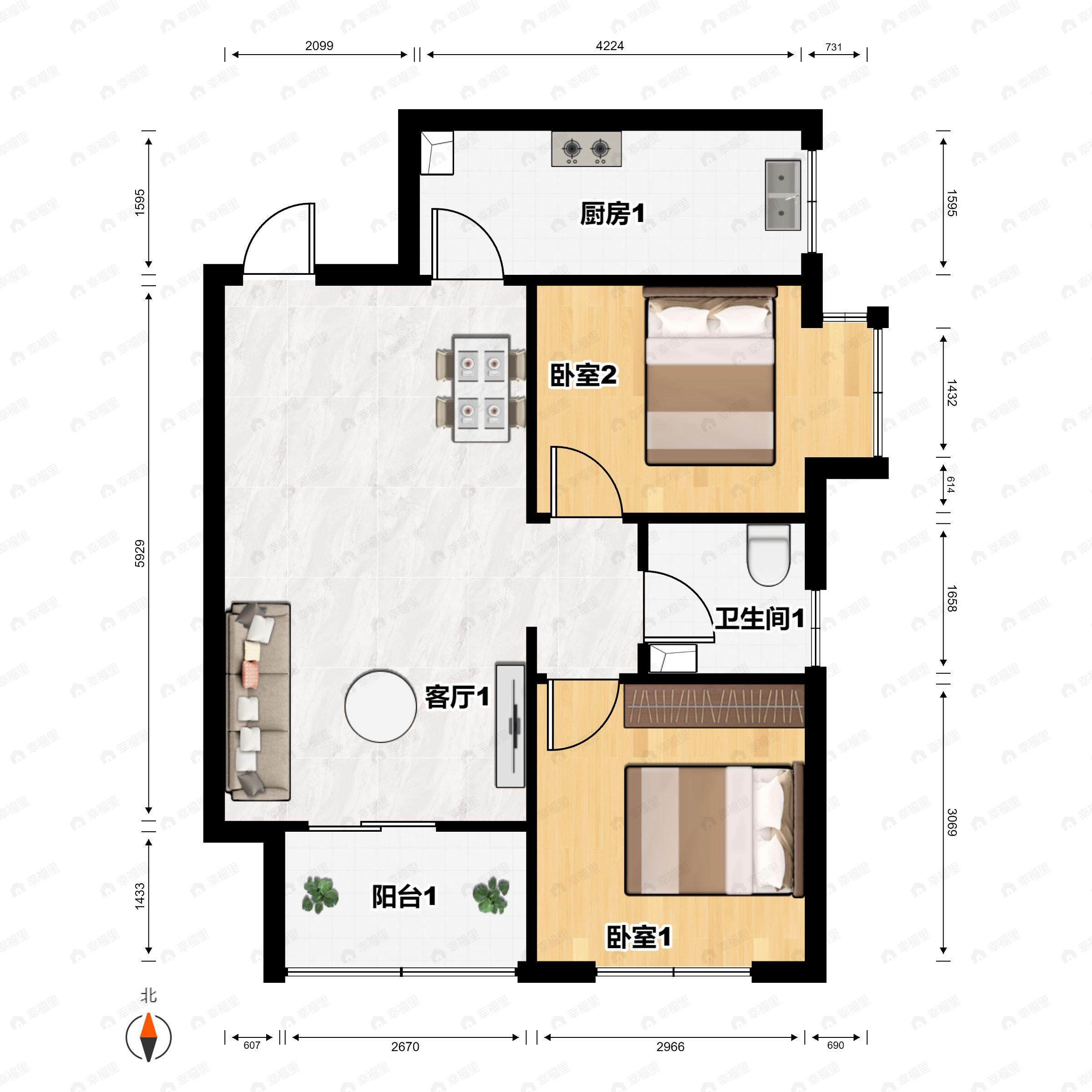 2室2厅1卫建面82m²西南户型图