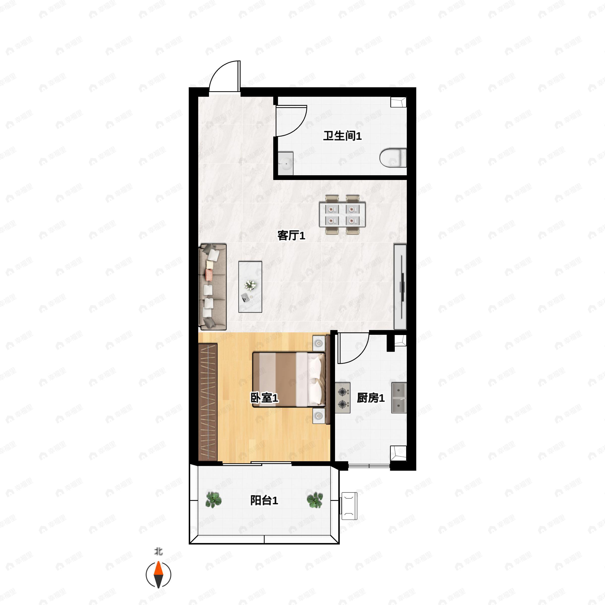 1室1厅1卫建面52m²南户型图