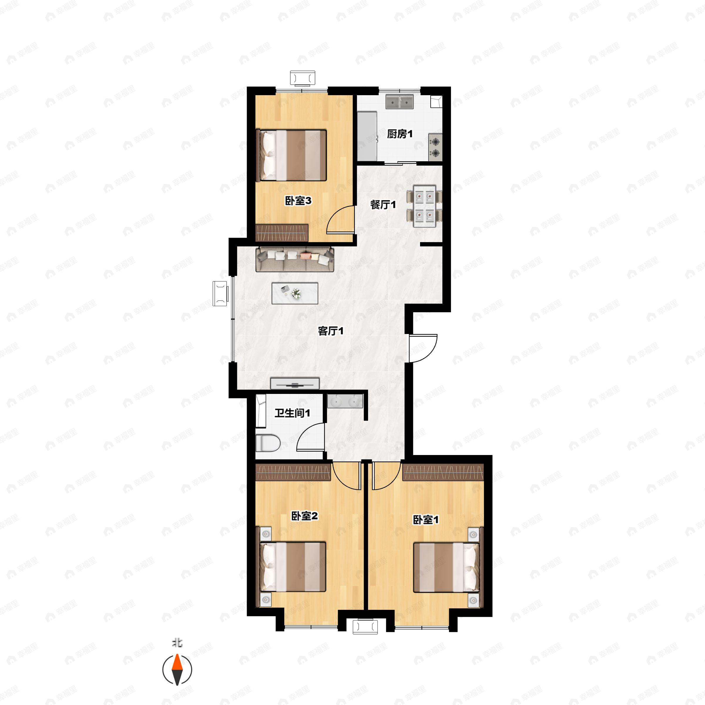 3室2厅1卫建面96平北|南户型图