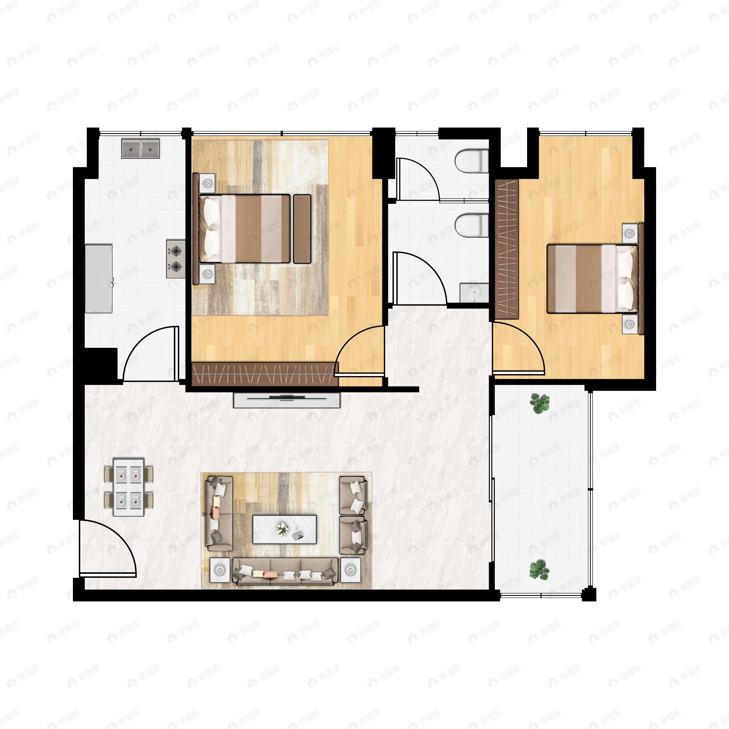 2室2厅1卫建面75平东|东南户型图