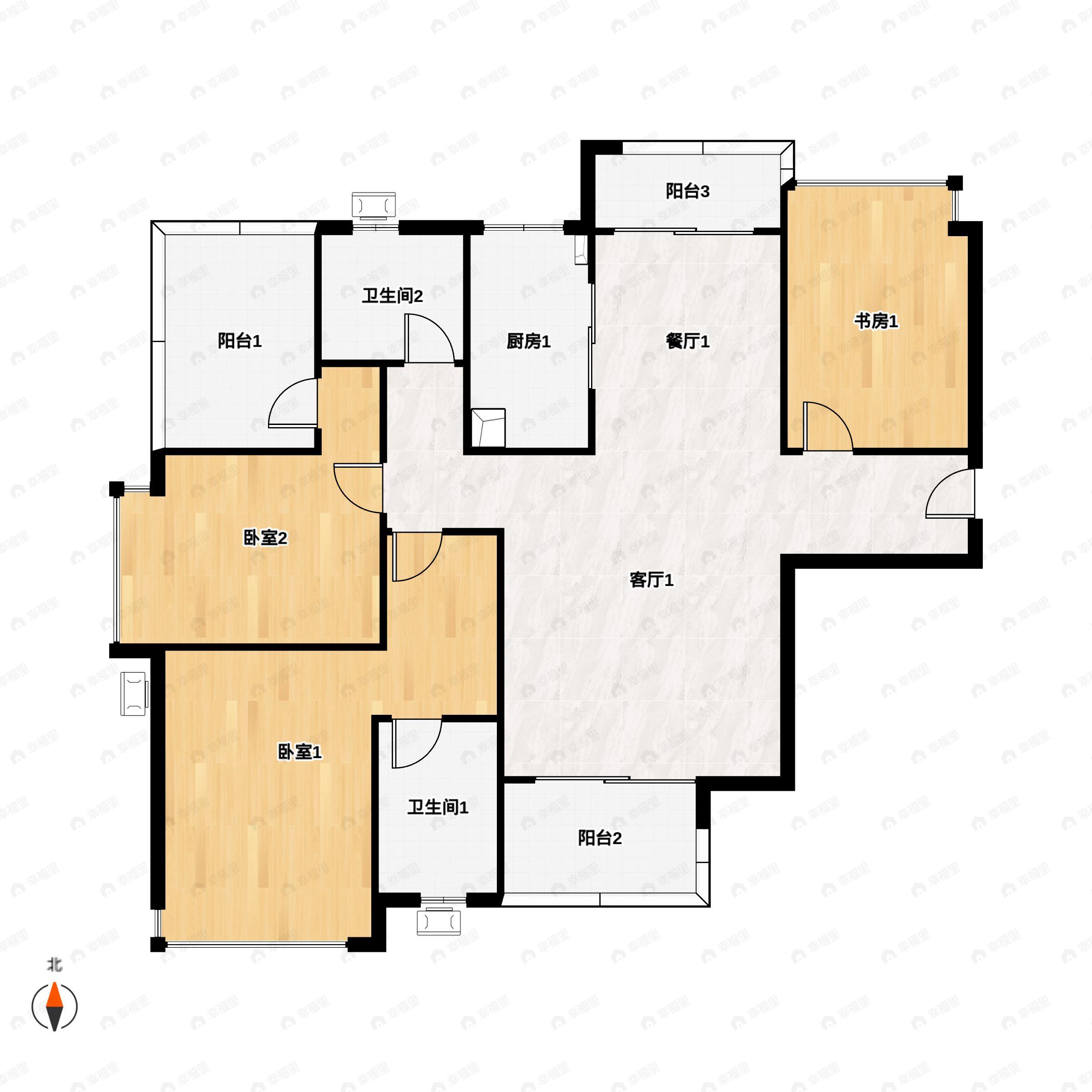 3室2厅2卫建面126m²南|北户型图