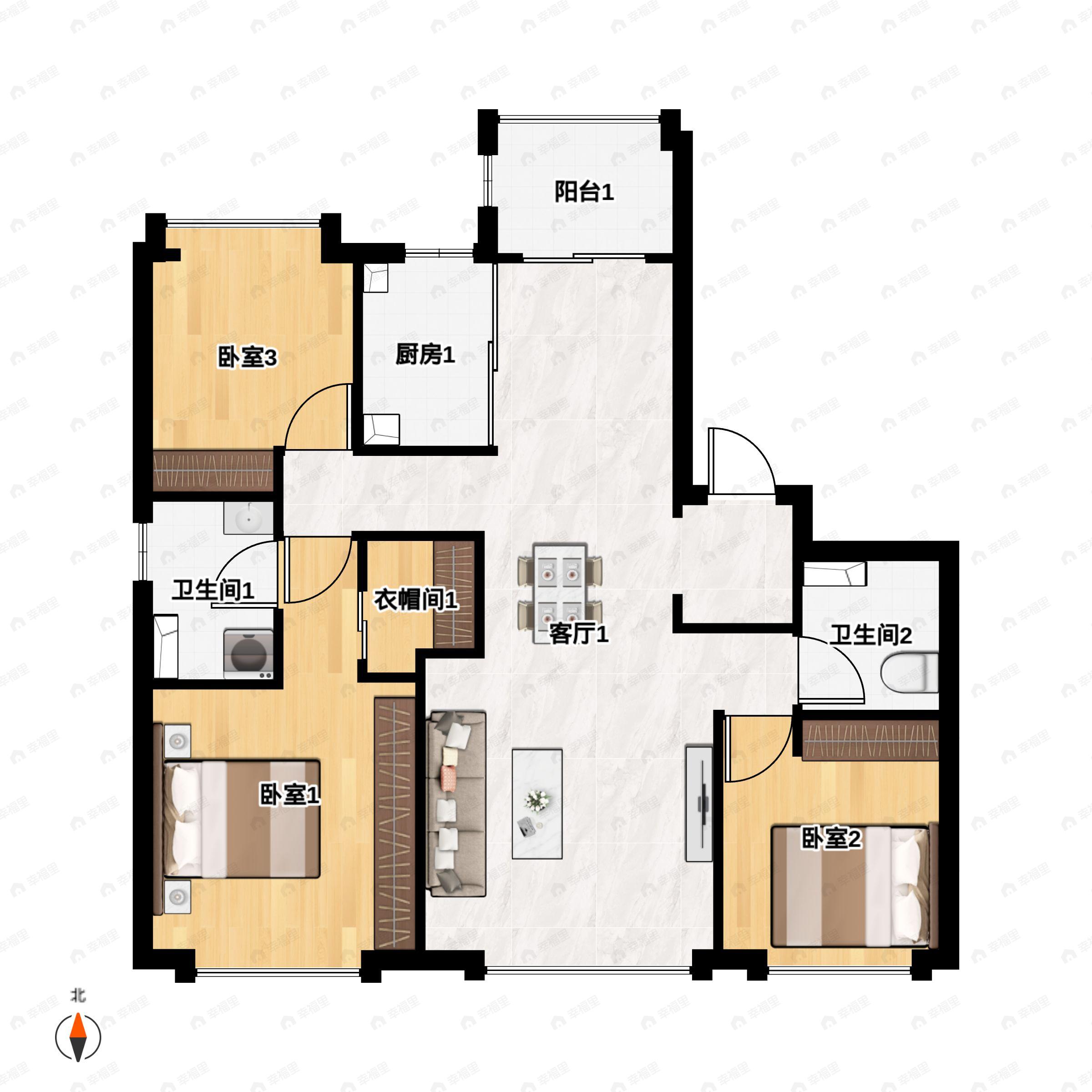 3室2厅2卫建面140m²南户型图