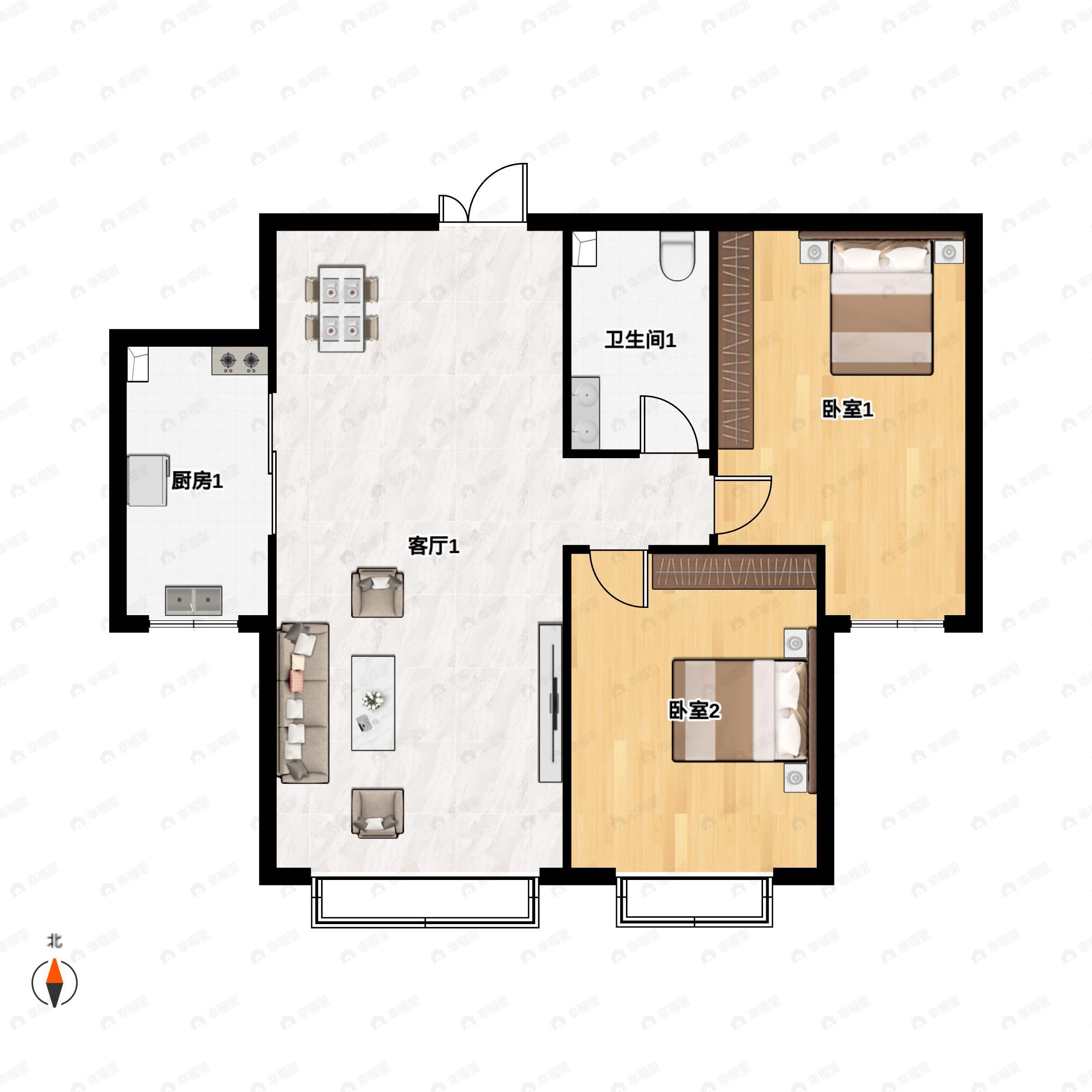 2室2厅1卫建面105m²南户型图