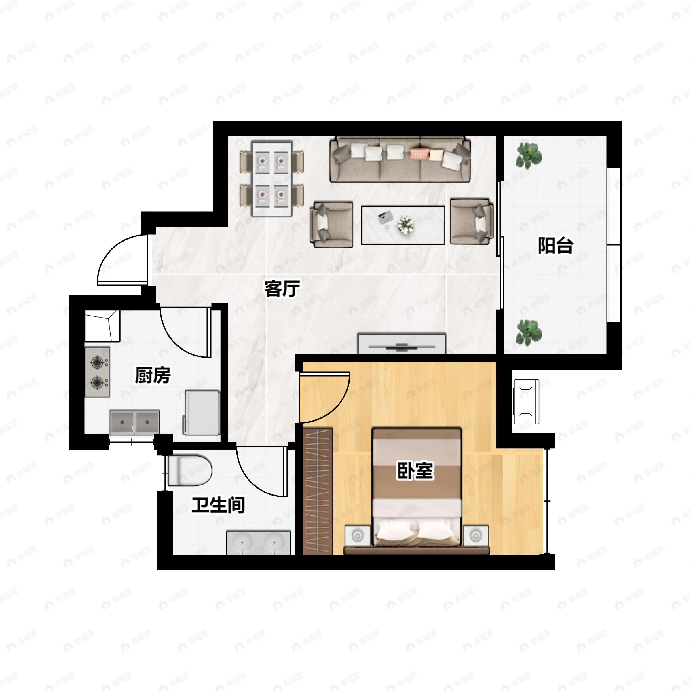 1室2厅1卫建面61平户型图