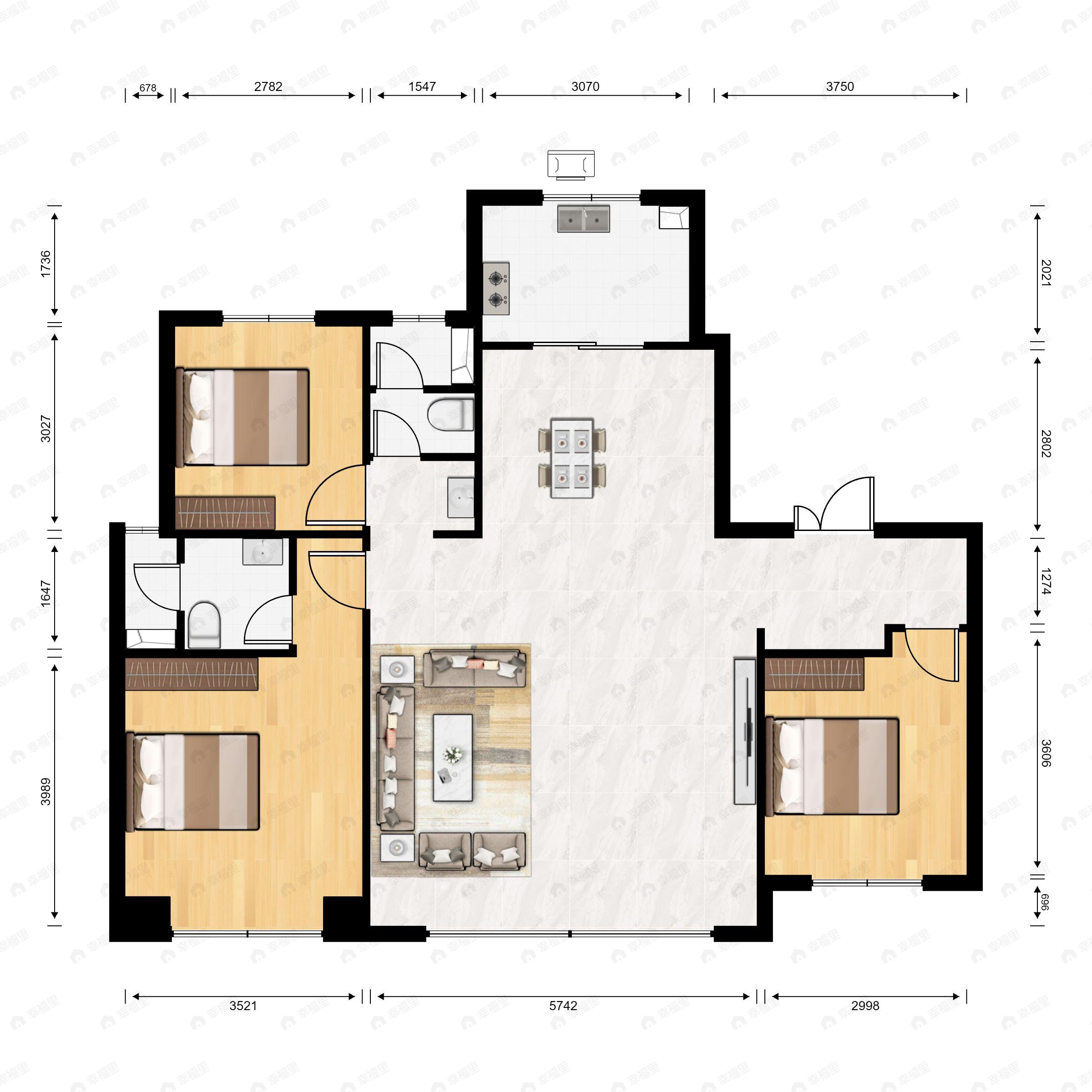 3室2厅2卫建面138m²南|北户型图